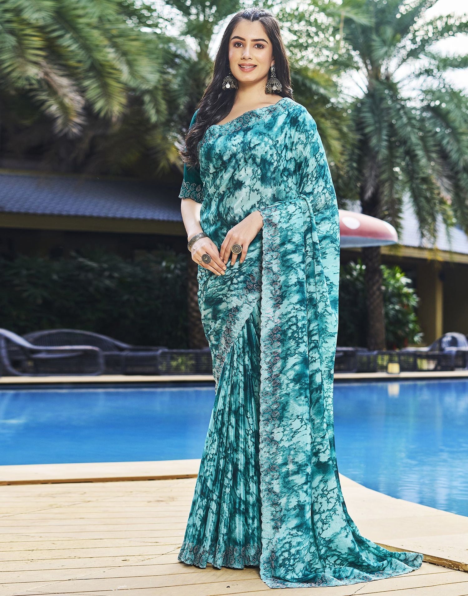 Turquoise Printed Silk Saree