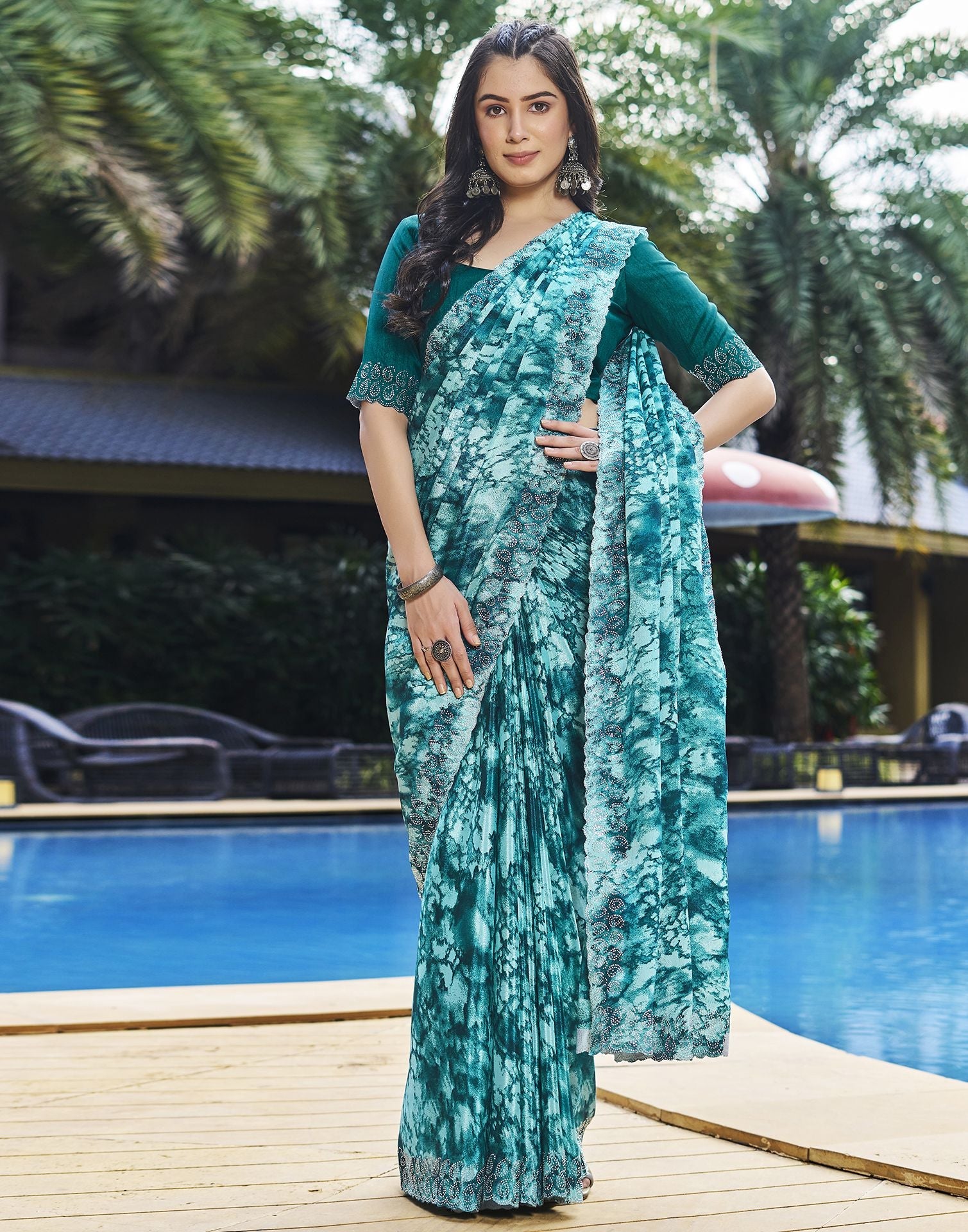 Turquoise Printed Silk Saree