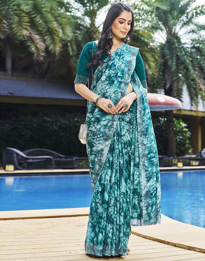 Turquoise Printed Silk Saree