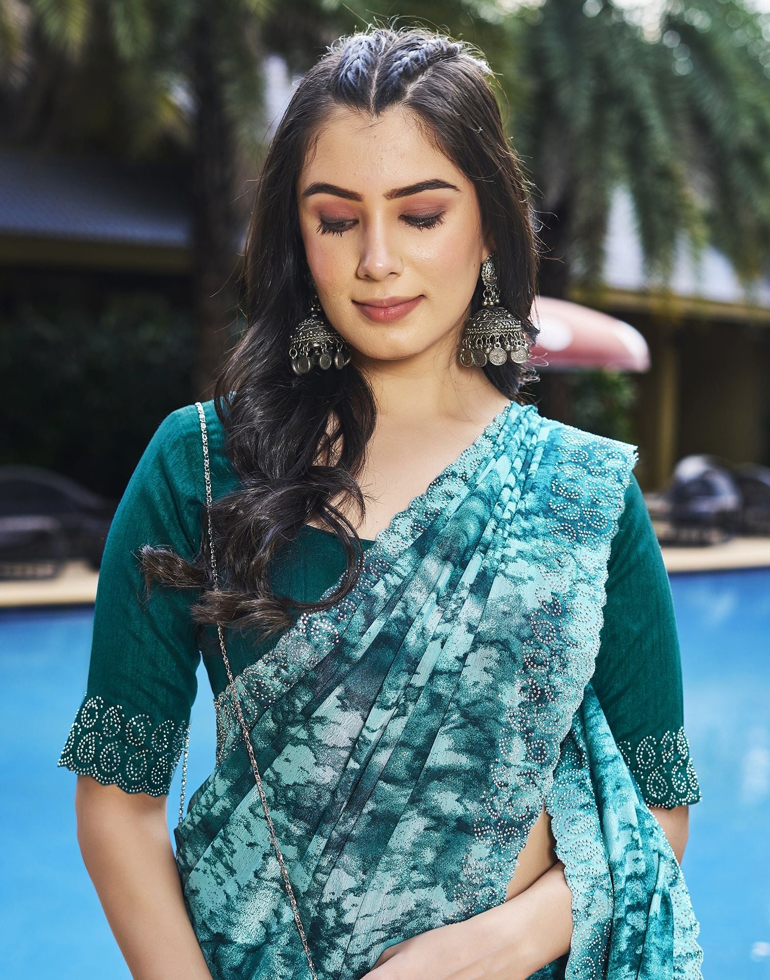 Turquoise Printed Silk Saree