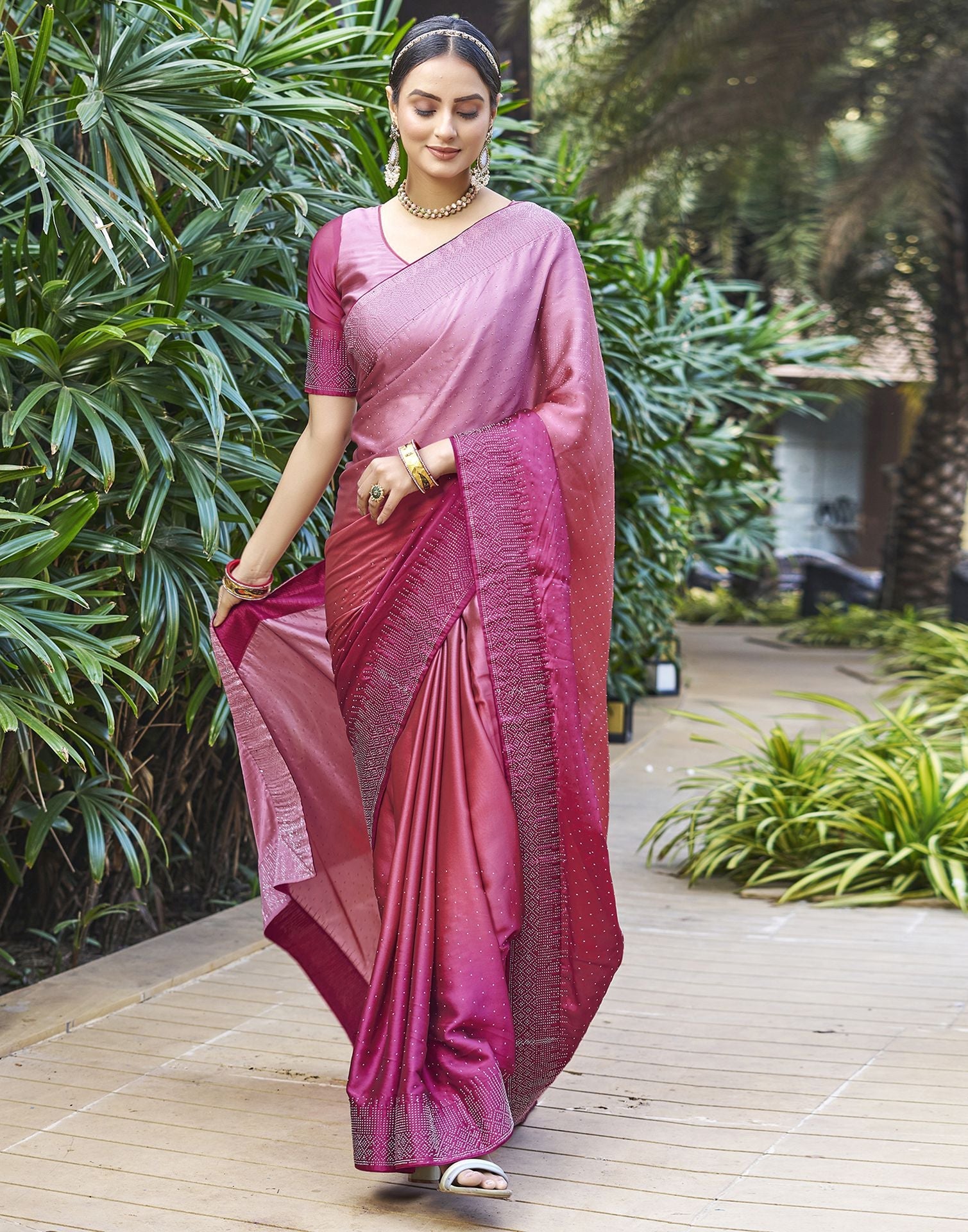 Rose Pink Plain Georgette Saree