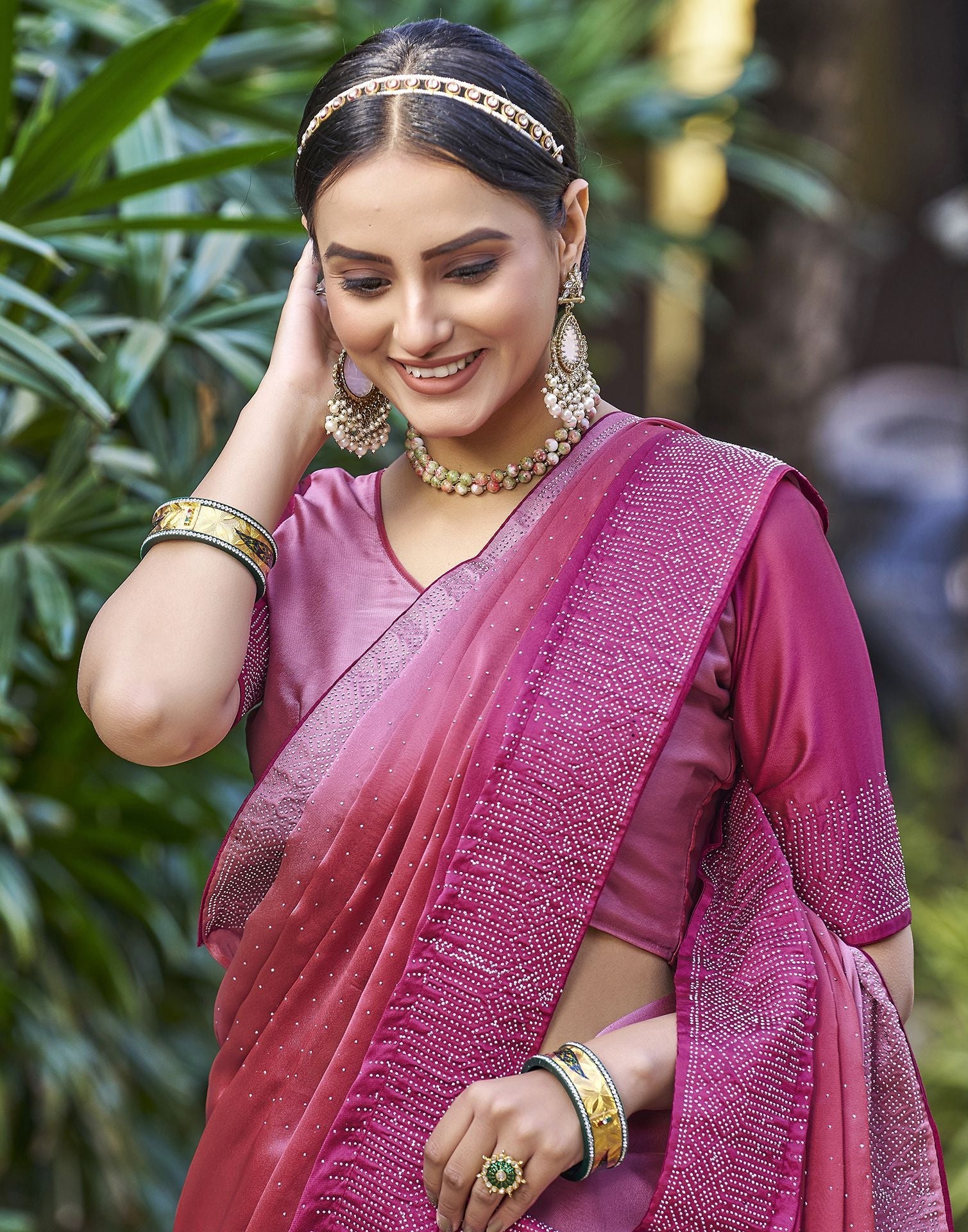 Rose Pink Plain Georgette Saree