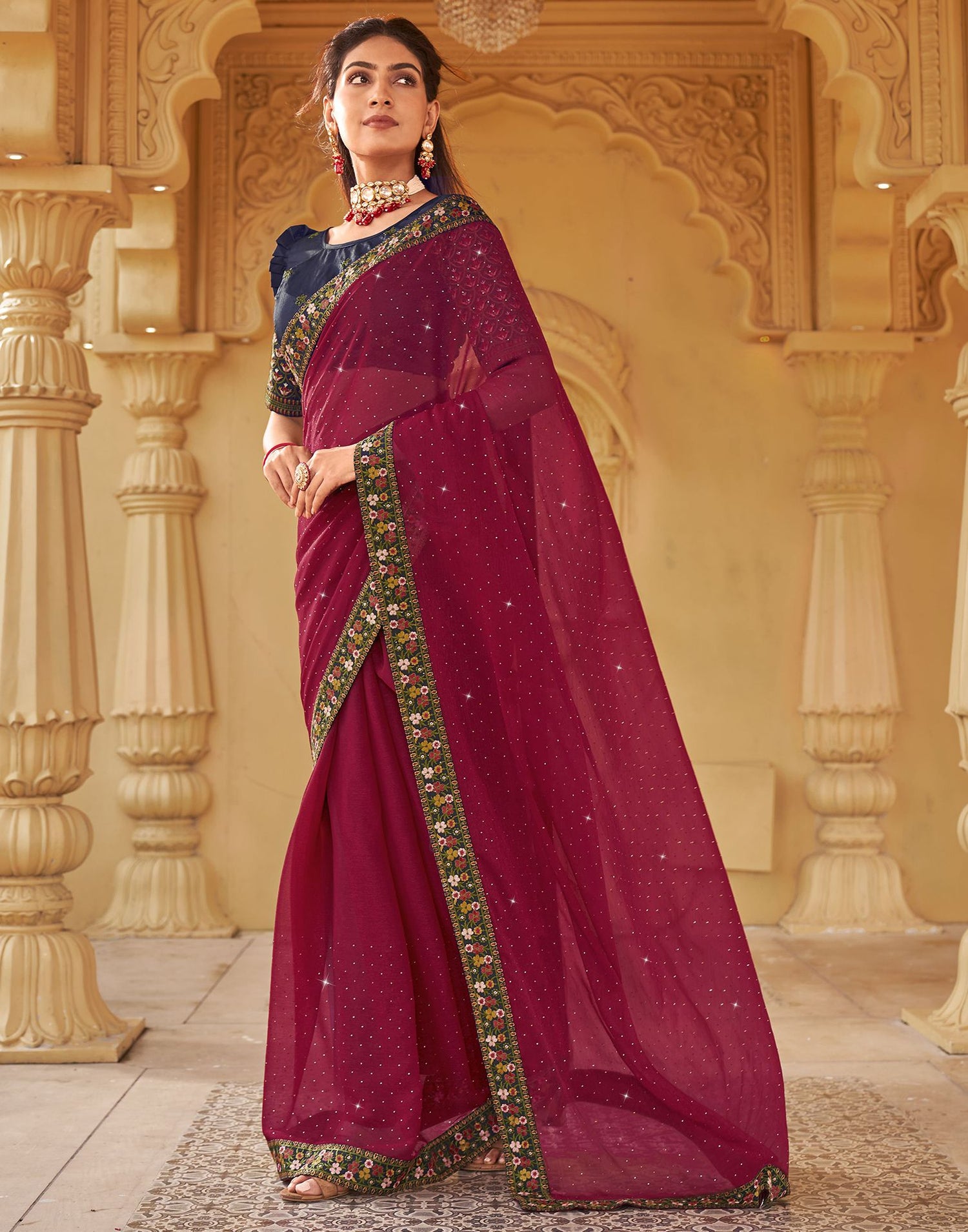 Dark Red  Plain Chiffon Saree