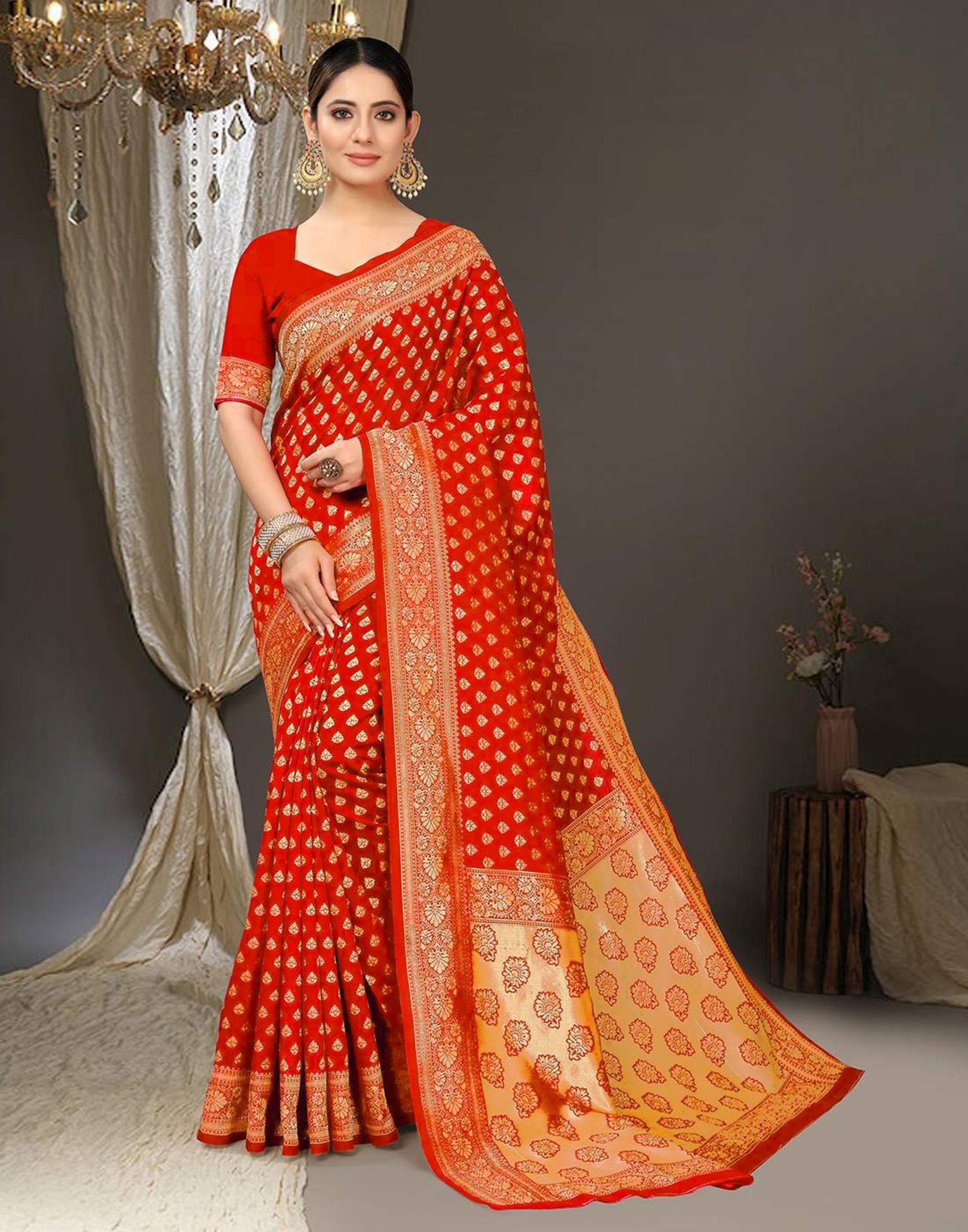 Orange Jacquard Silk Saree