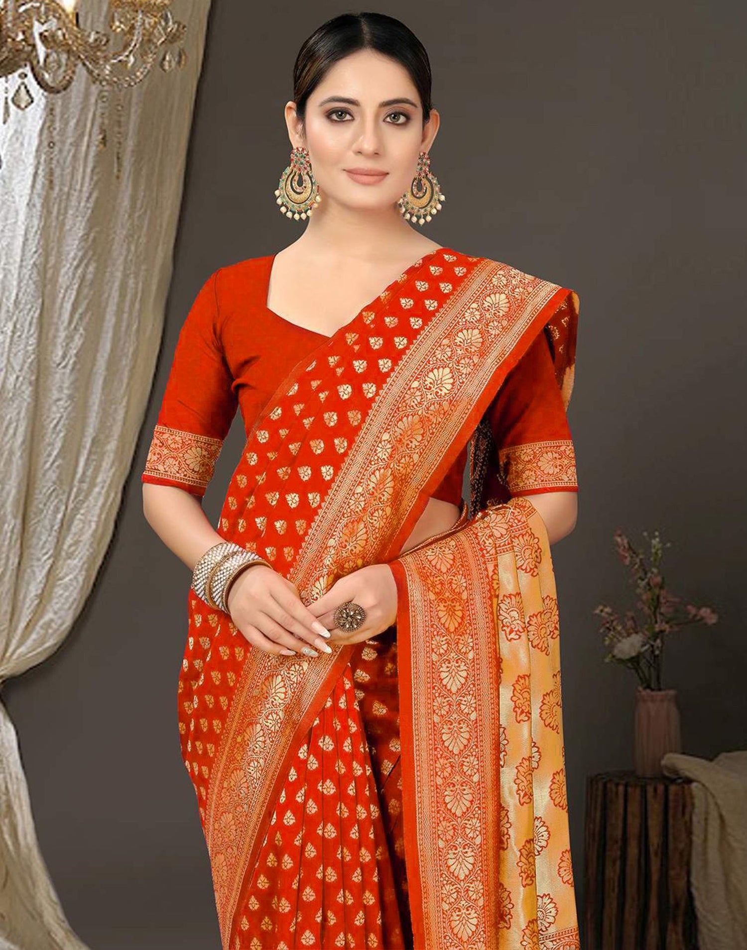 Orange Jacquard Silk Saree