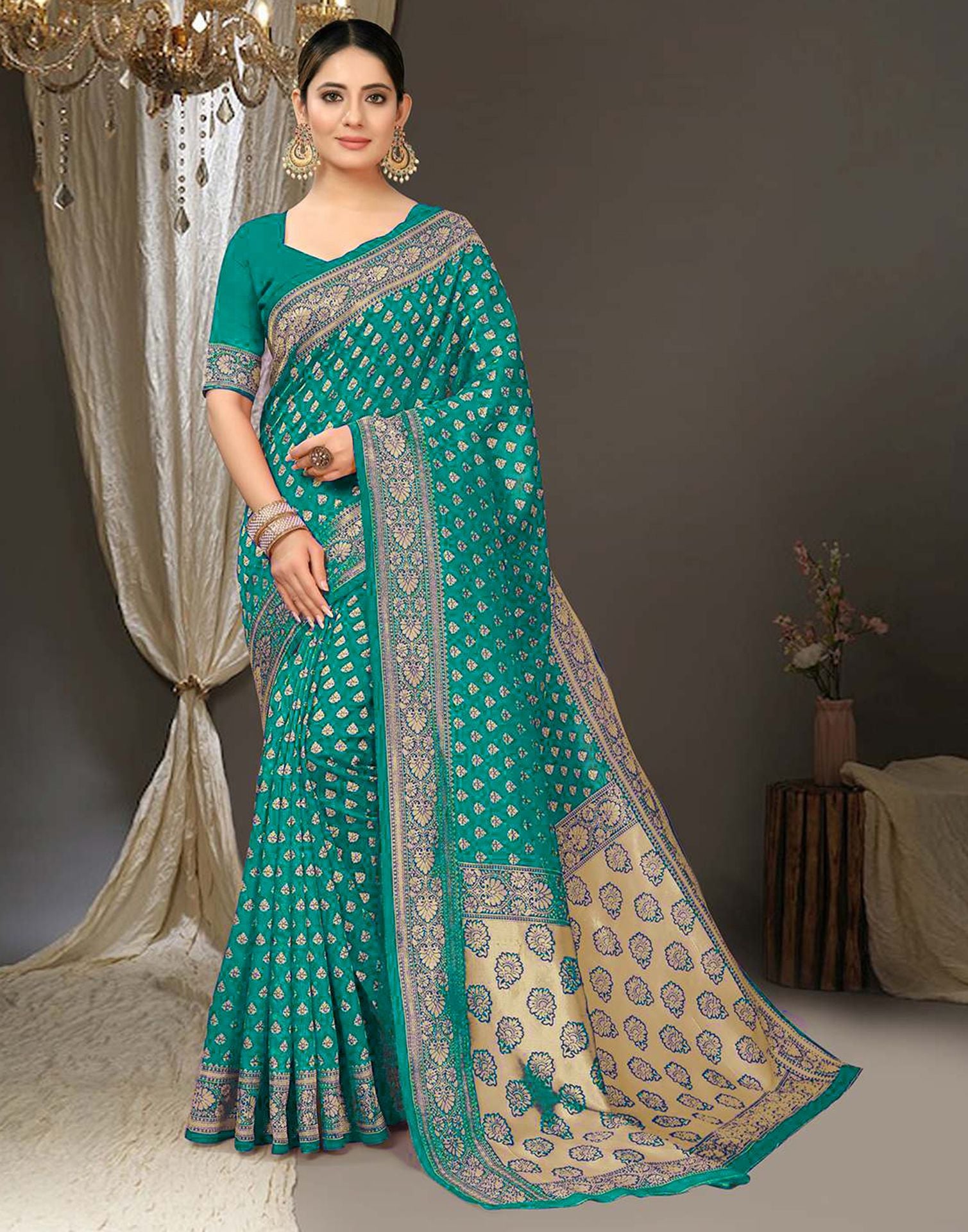 Turquoise Jacquard Silk Saree