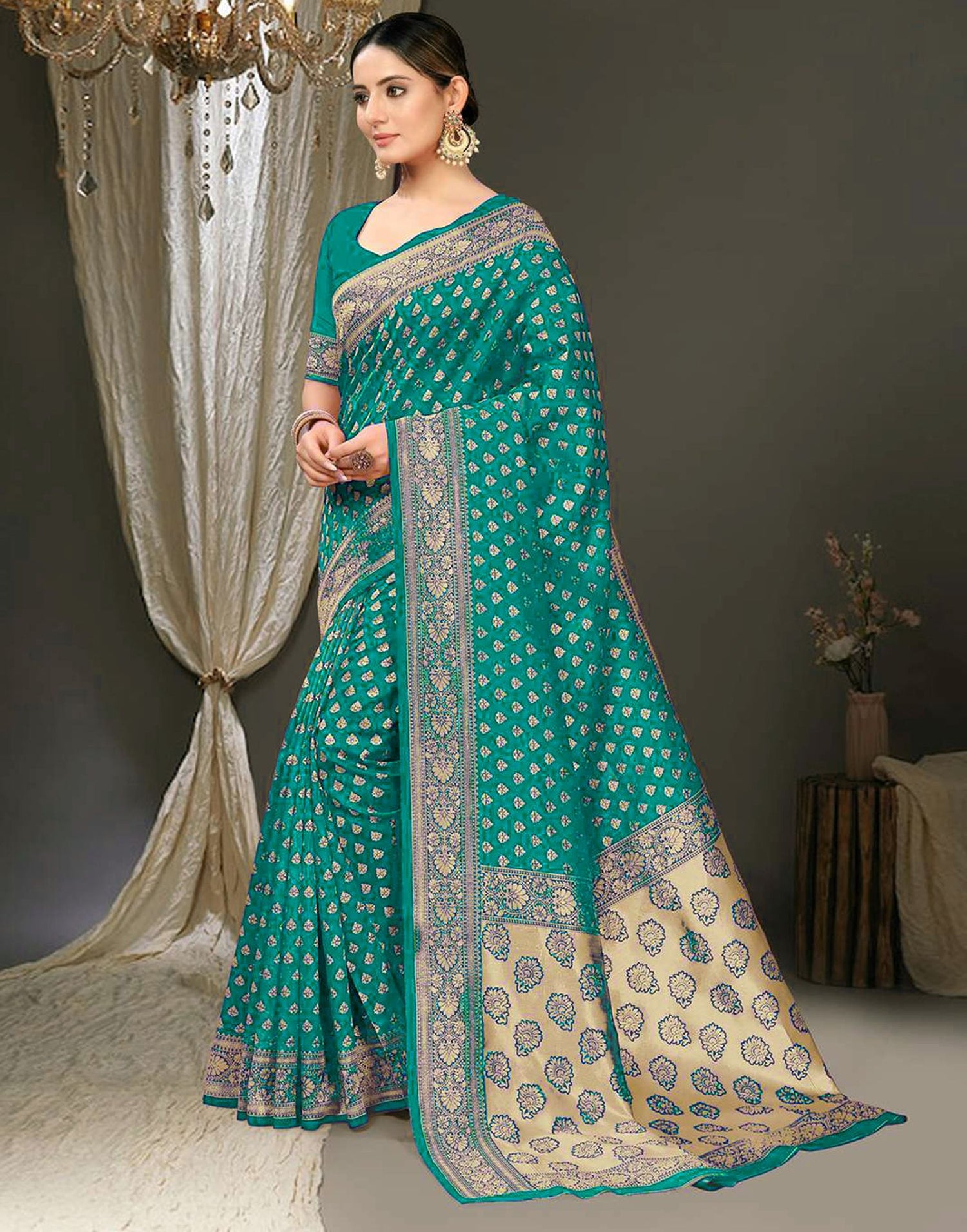 Turquoise Jacquard Silk Saree