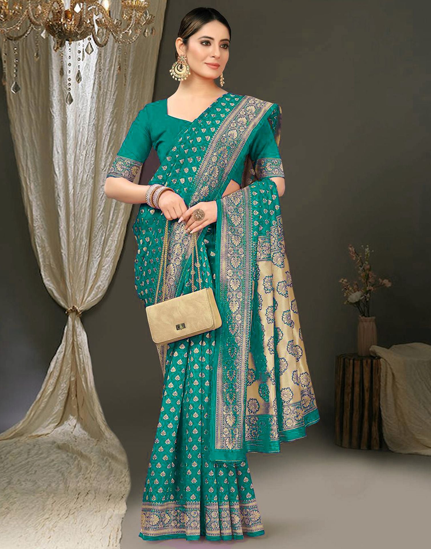 Turquoise Jacquard Silk Saree