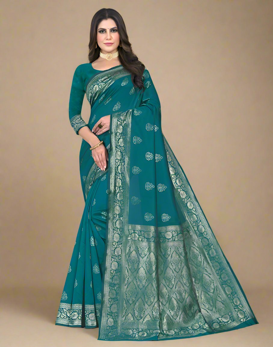 B1G1 Rama Green Jacquard Silk Saree