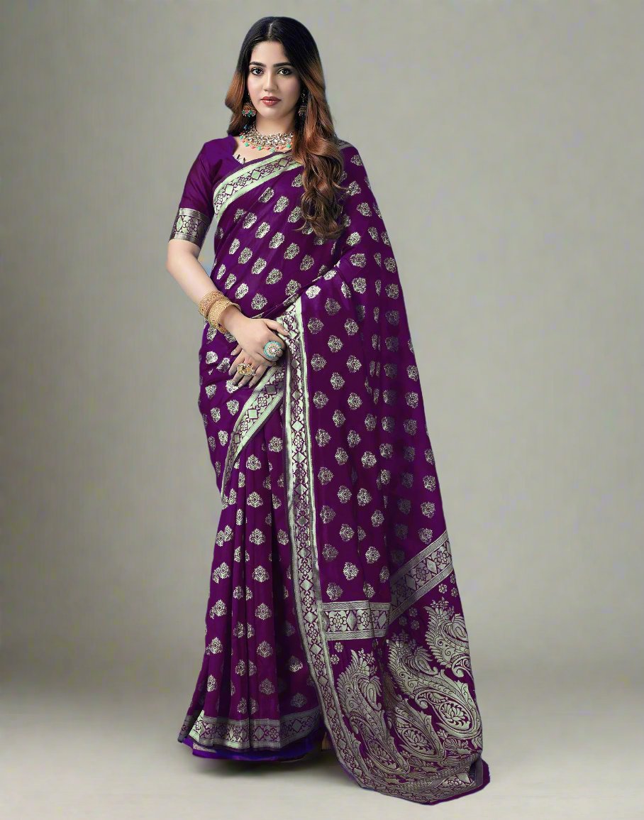 B1G1 Dark Purple Jacquard Silk Saree