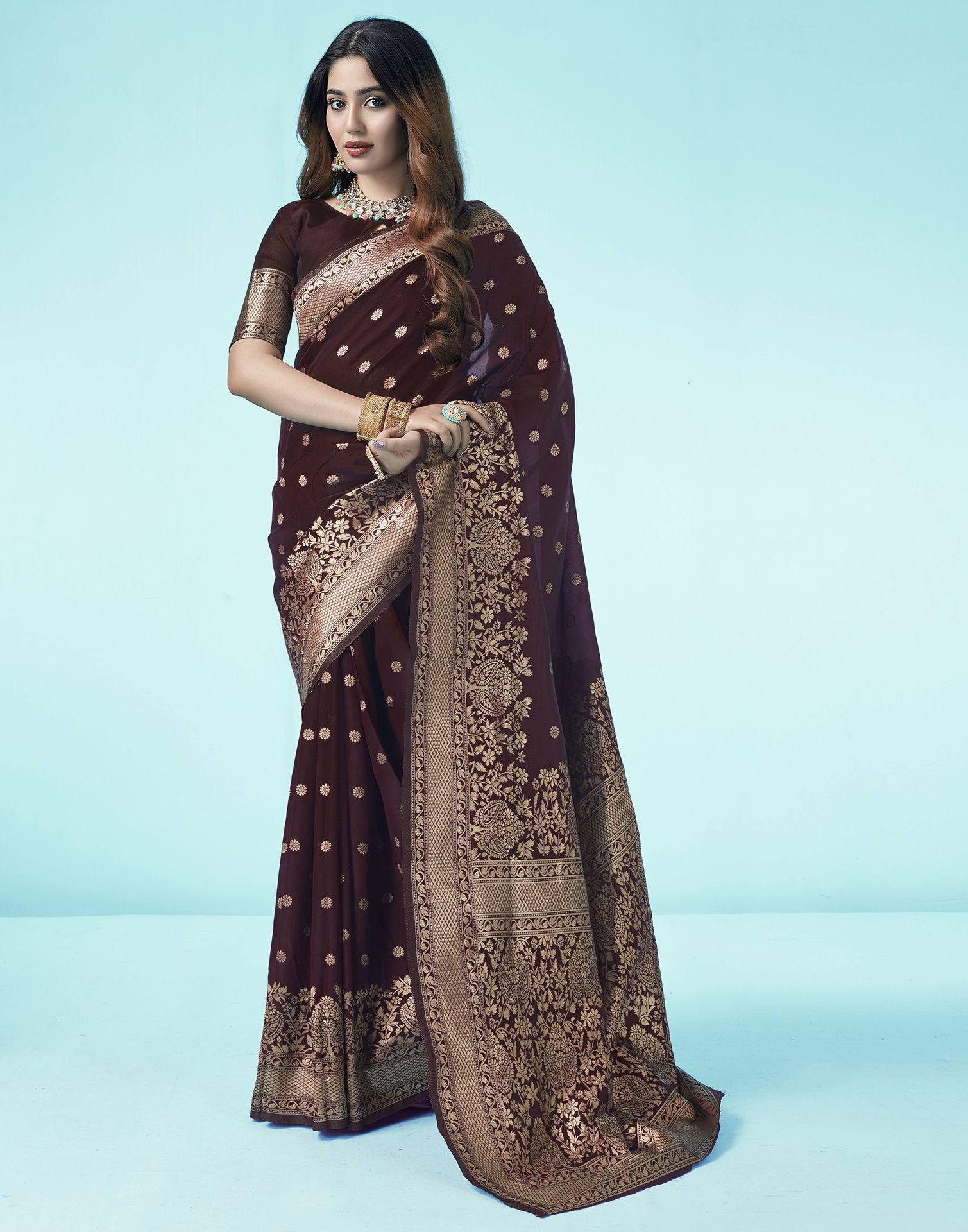 Brown Jacquard Silk Saree