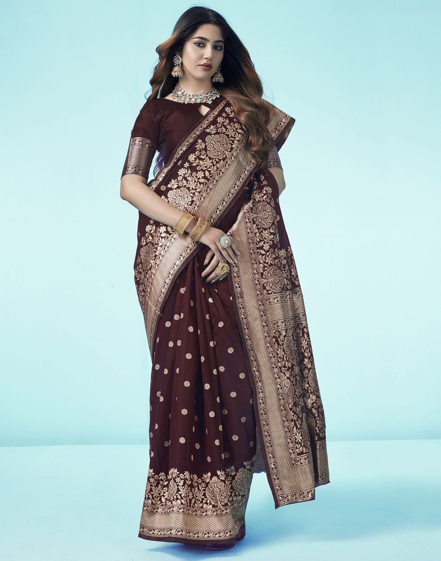 Brown Jacquard Silk Saree