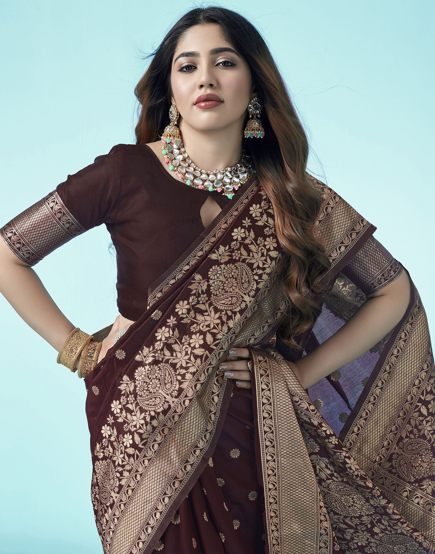 Brown Jacquard Silk Saree