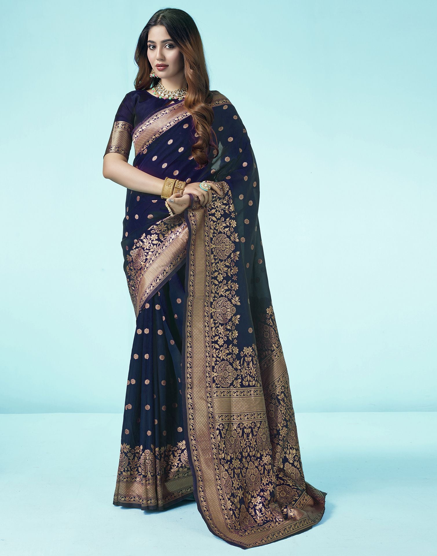 Navy Blue Jacquard Silk Saree