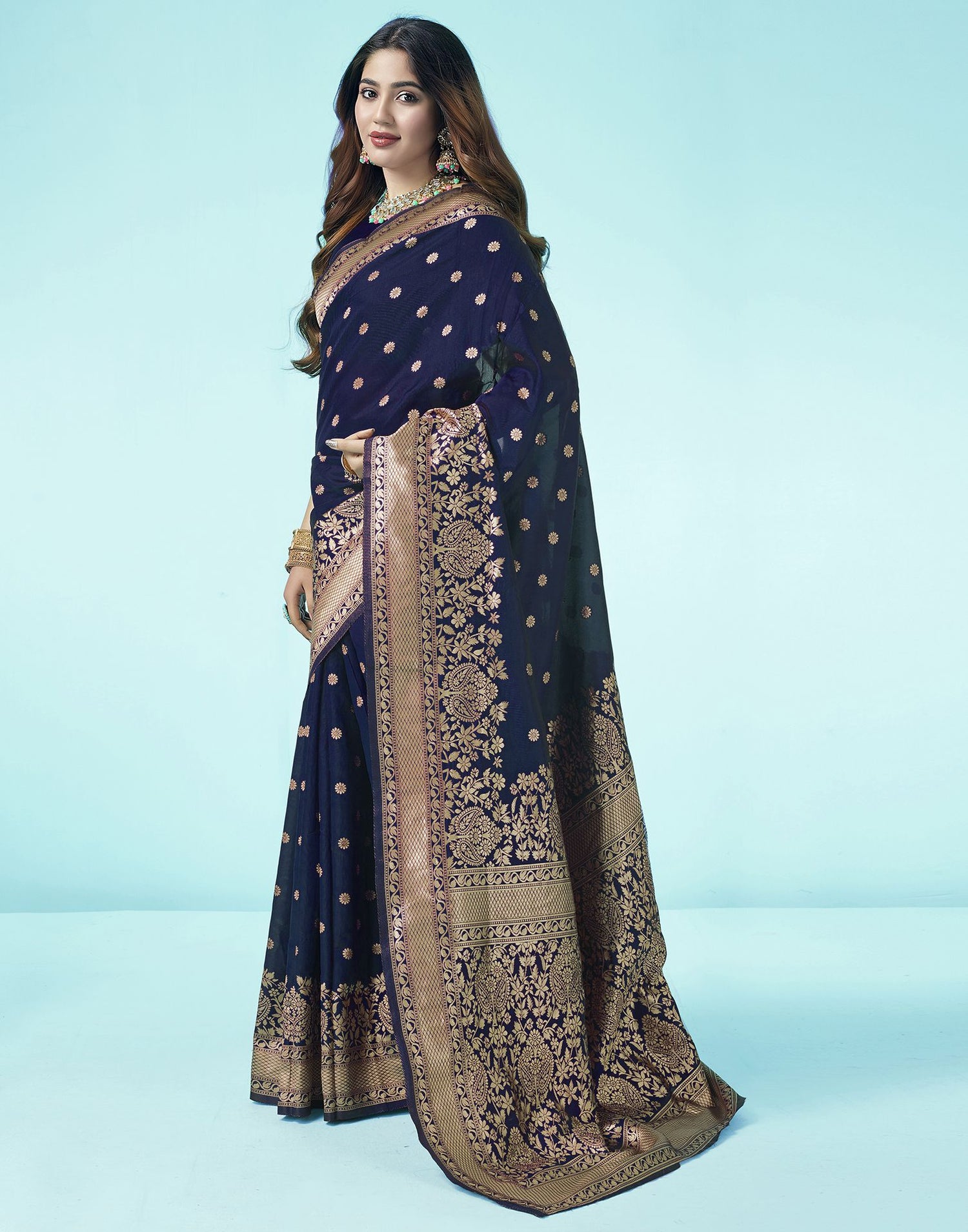 Navy Blue Jacquard Silk Saree