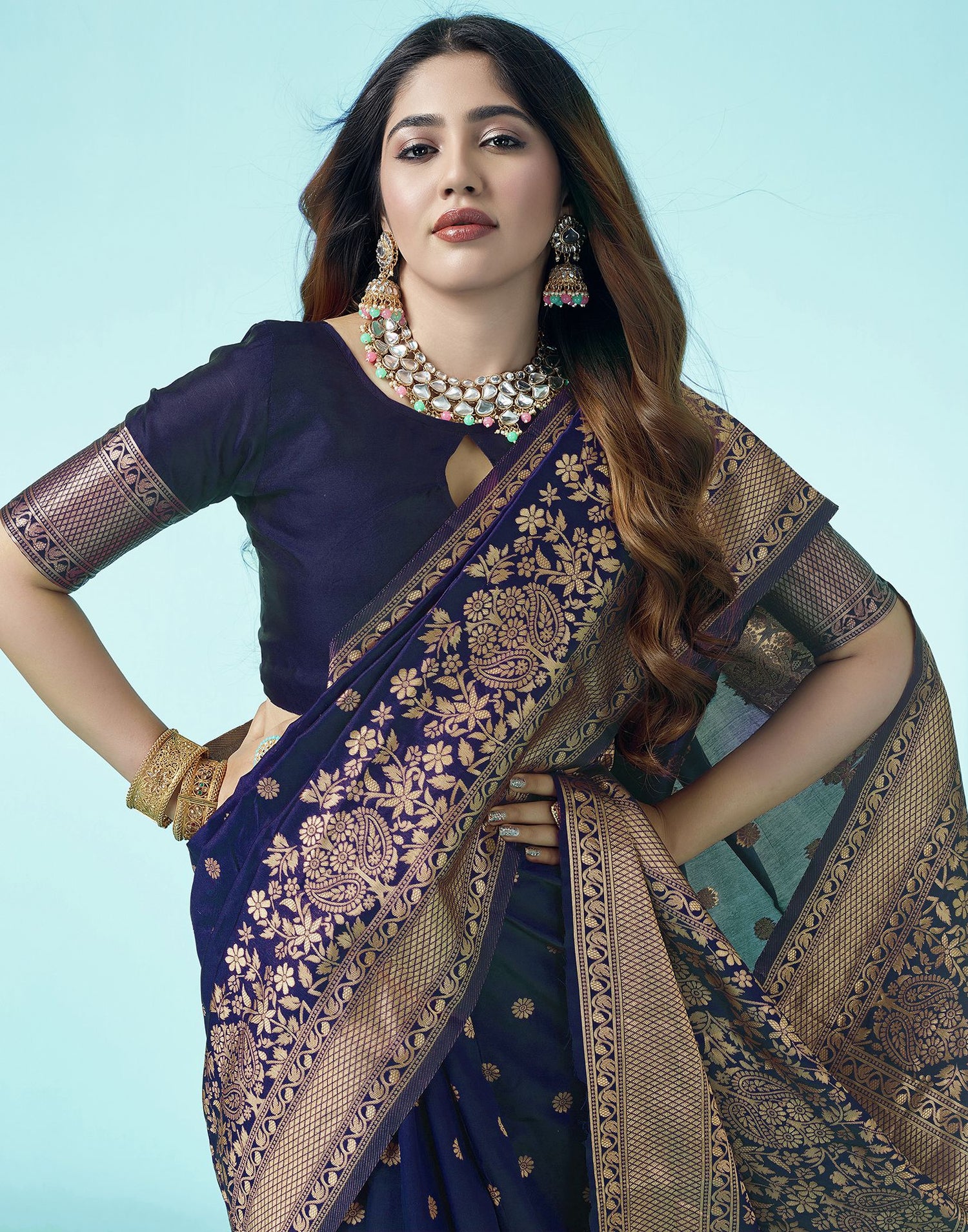 Navy Blue Jacquard Silk Saree