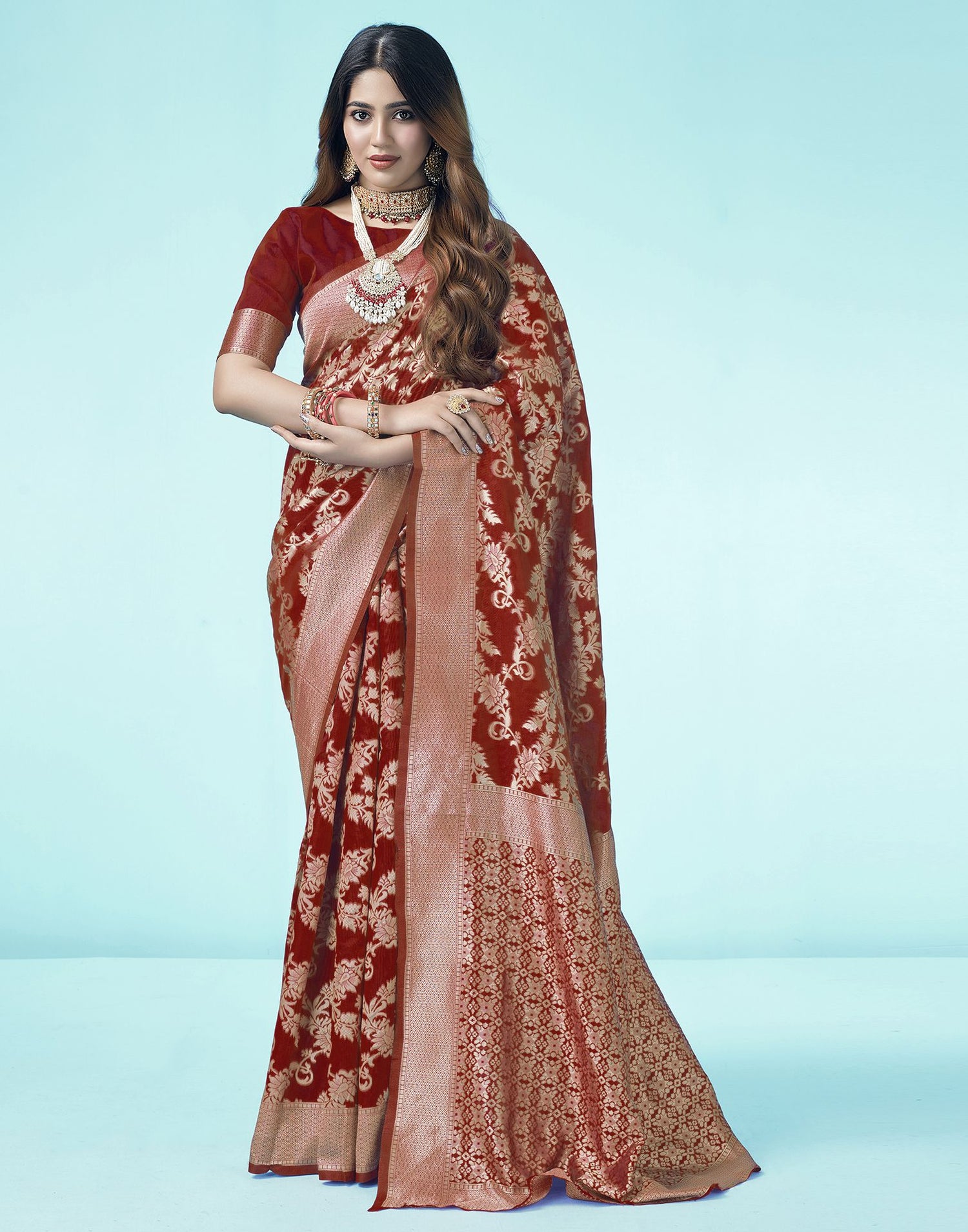 Red Floral Banarasi Silk Saree