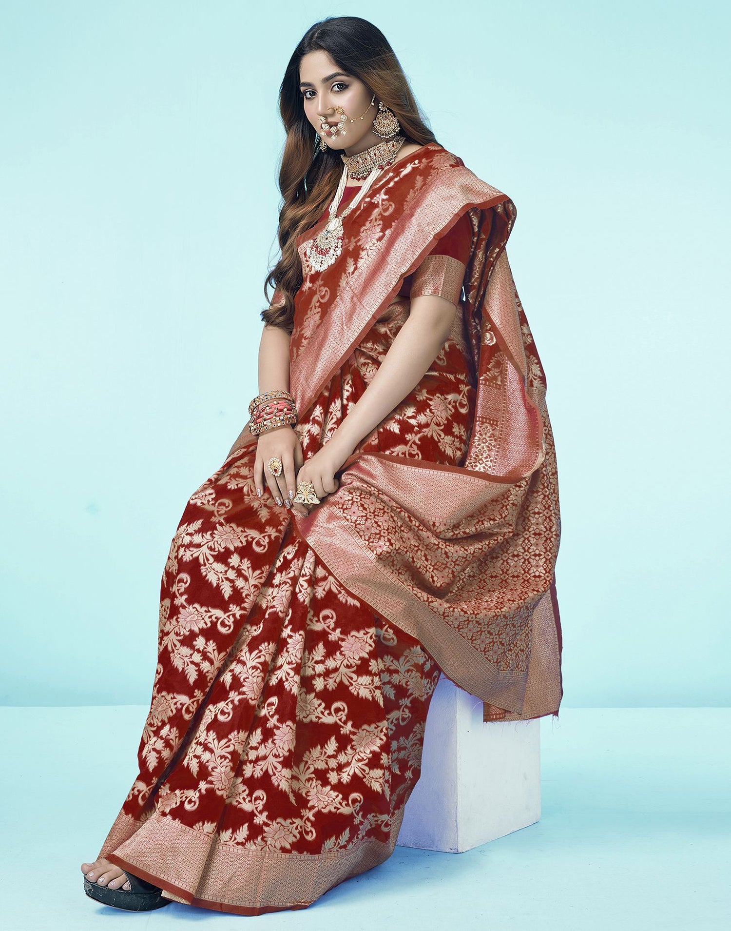 Red Floral Banarasi Silk Saree