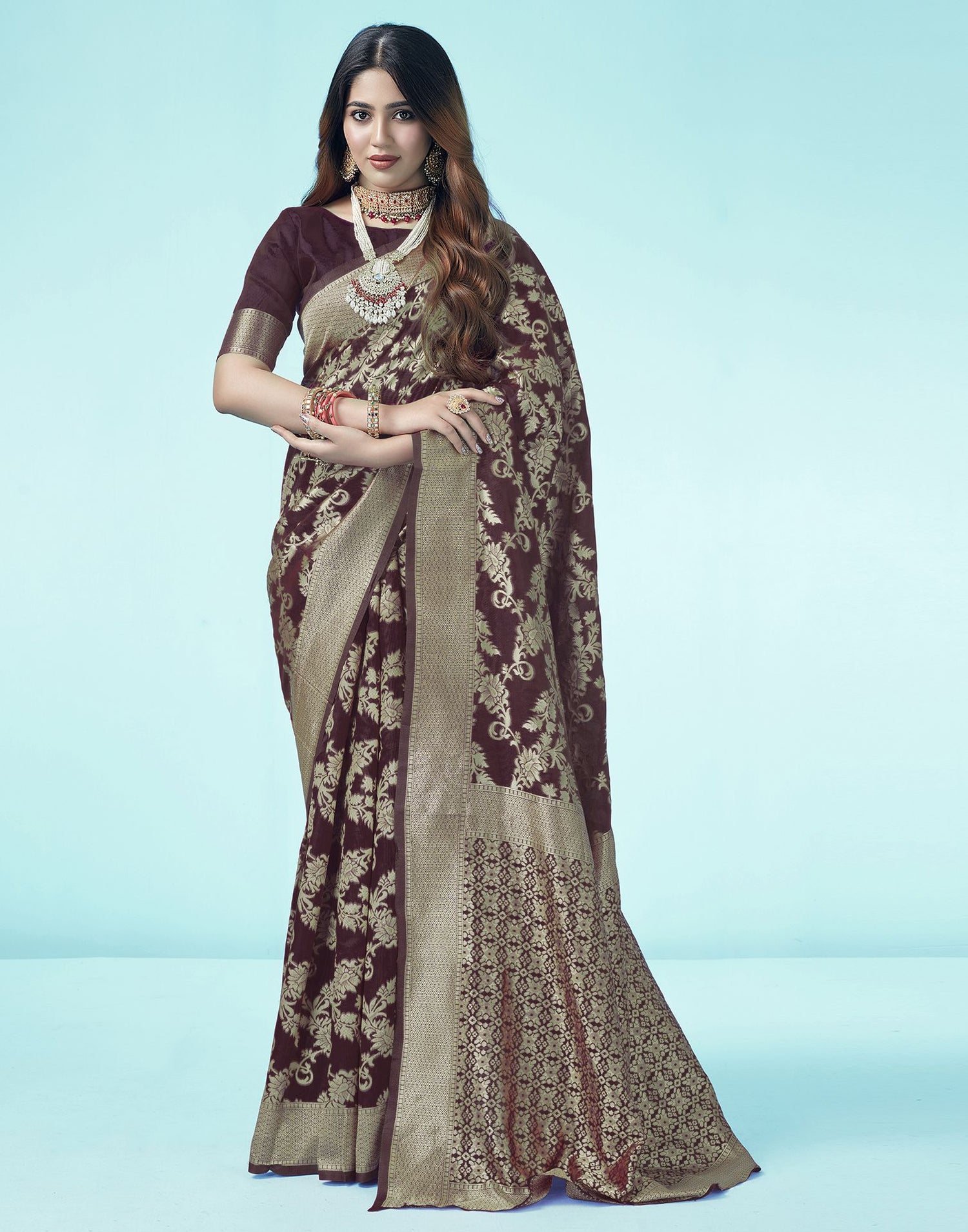 B1G1 Brown Floral Banarasi Silk Saree