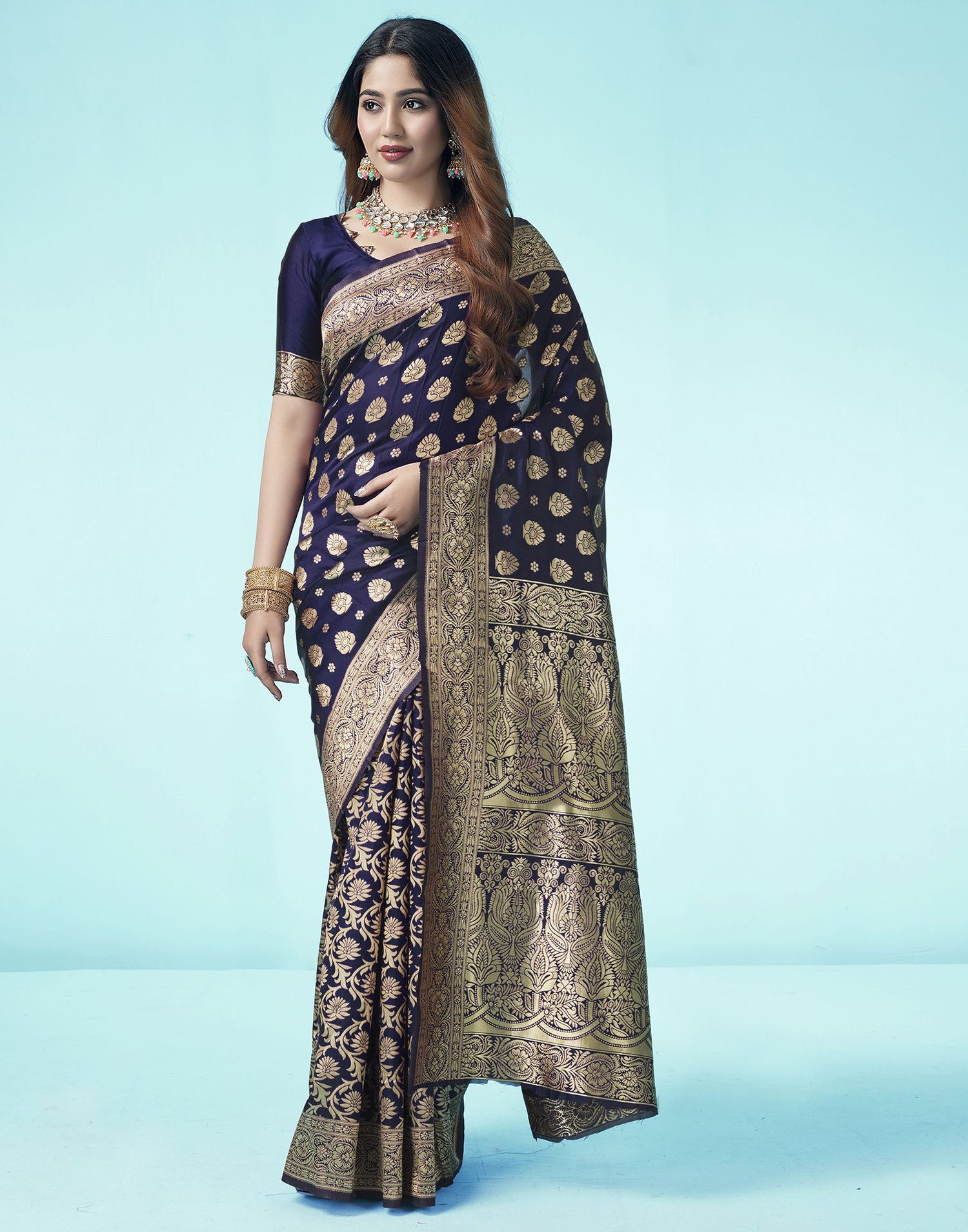 B1G1 Navy Blue Jacquard Silk Saree