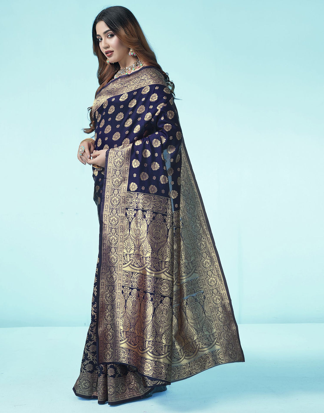 Navy Blue Jacquard Silk Saree