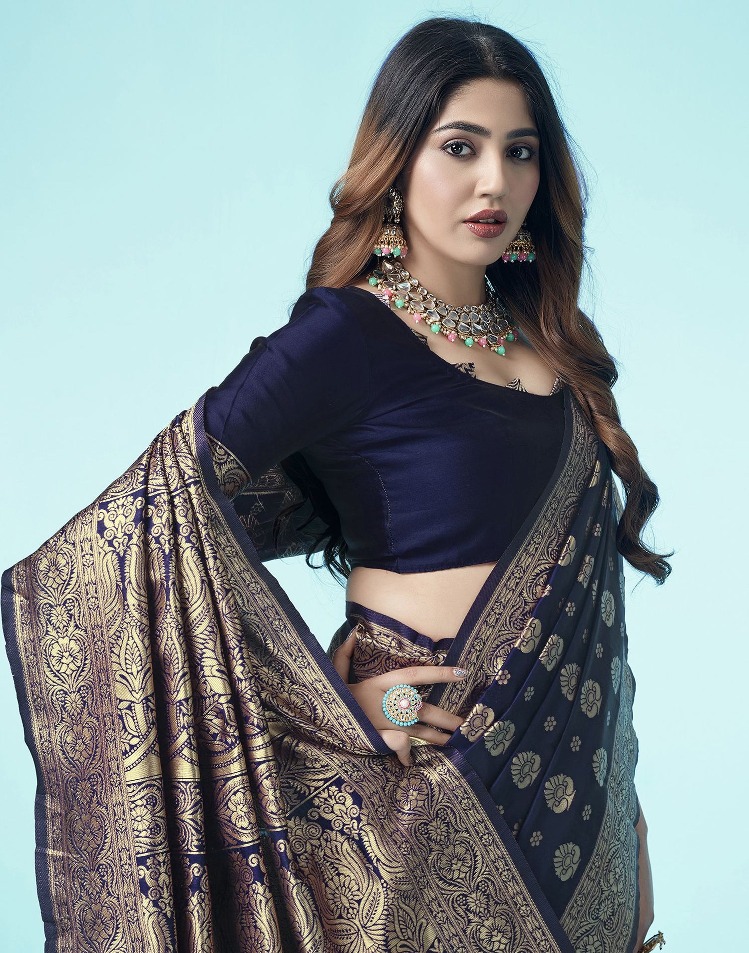 B1G1 Navy Blue Jacquard Silk Saree