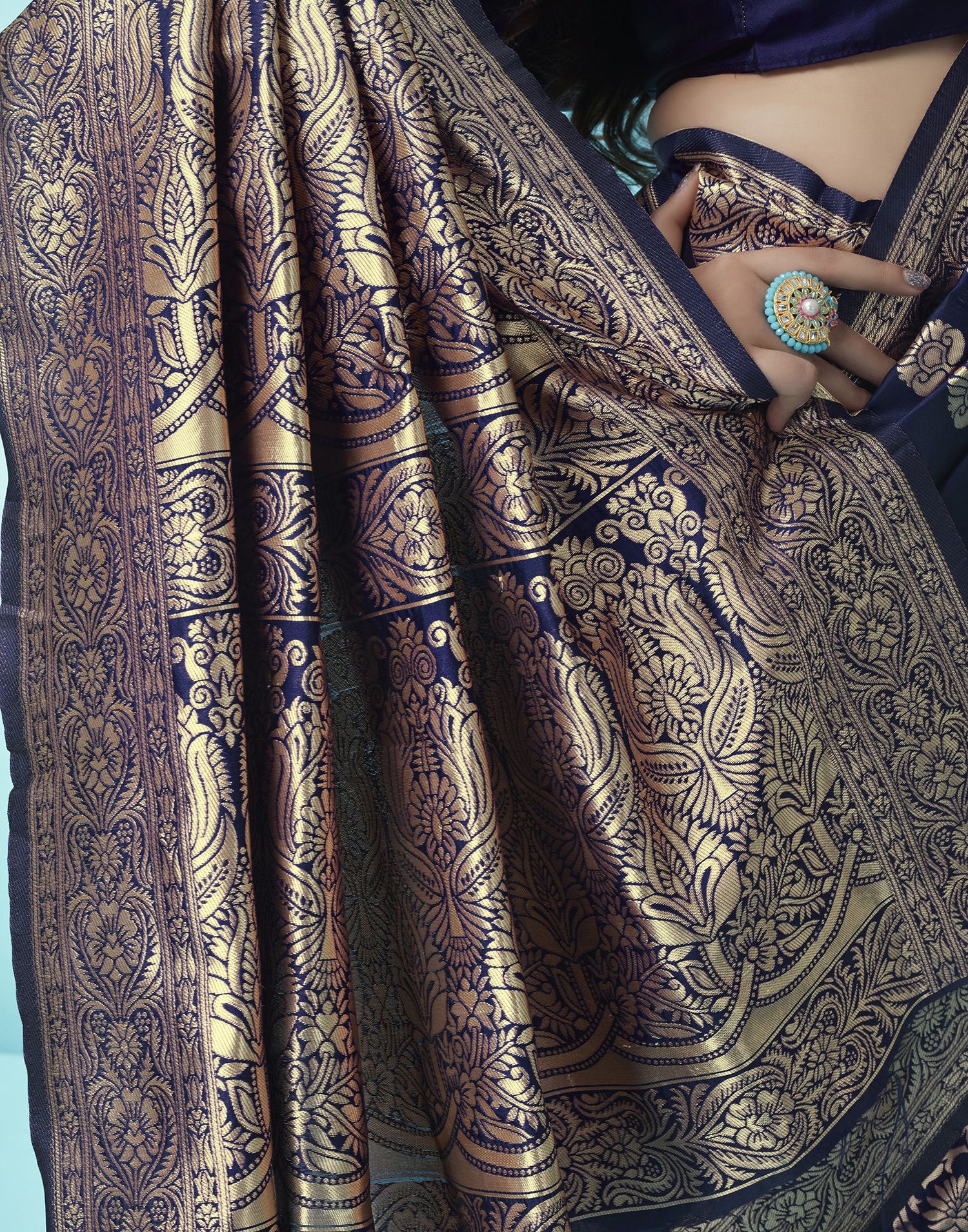 B1G1 Navy Blue Jacquard Silk Saree