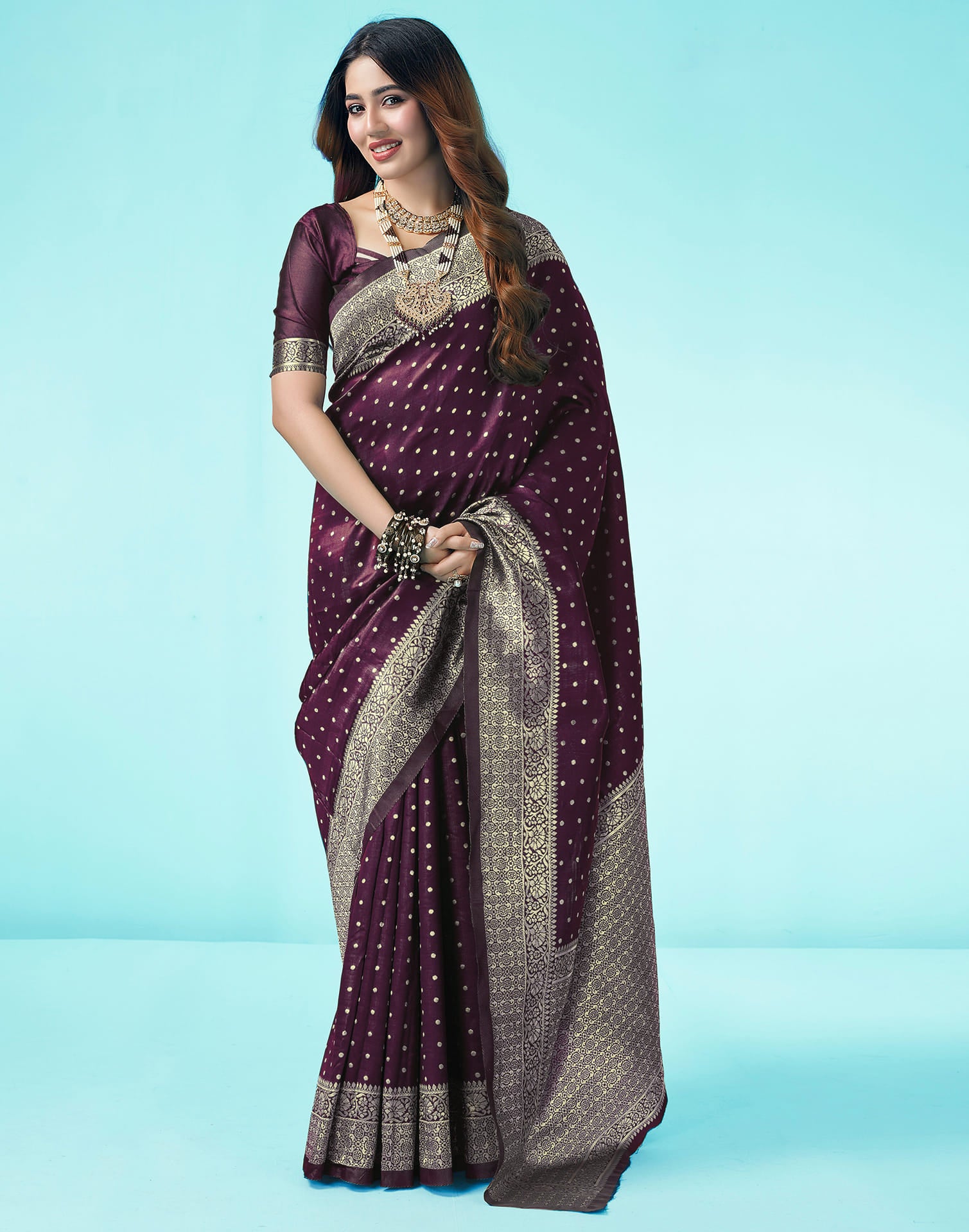 Wine Silk Blend Woven Kanjivaram Saree