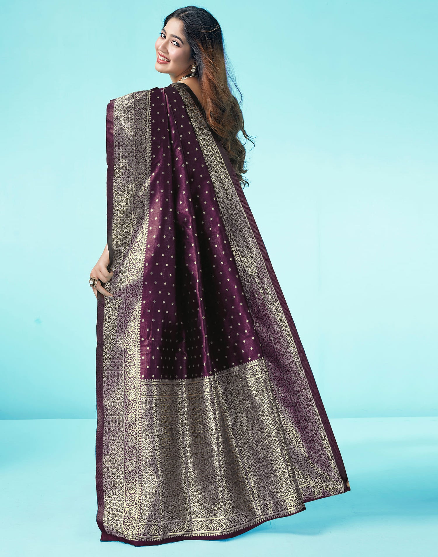 Wine Silk Blend Woven Kanjivaram Saree