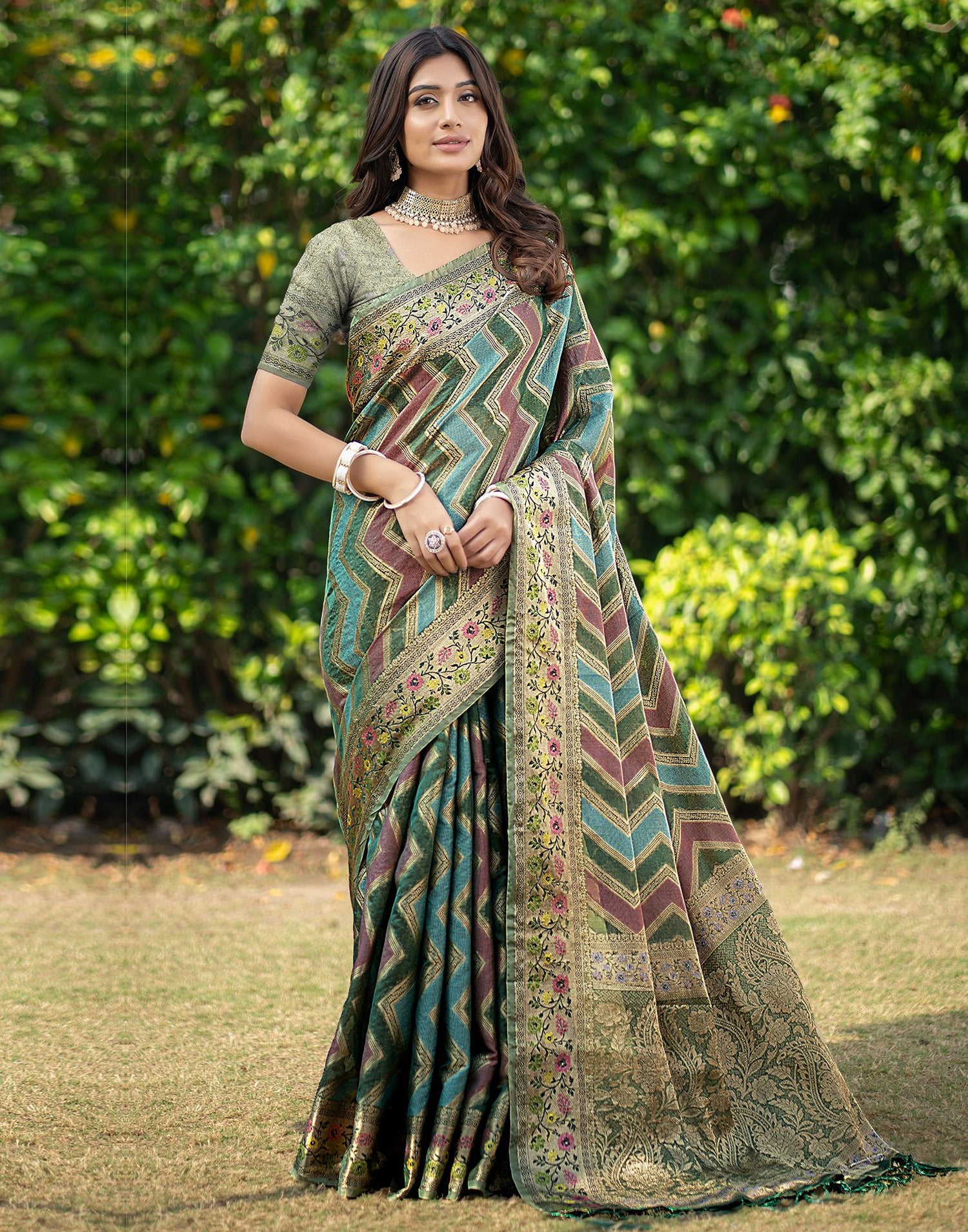 Green Jacquard Organza Saree