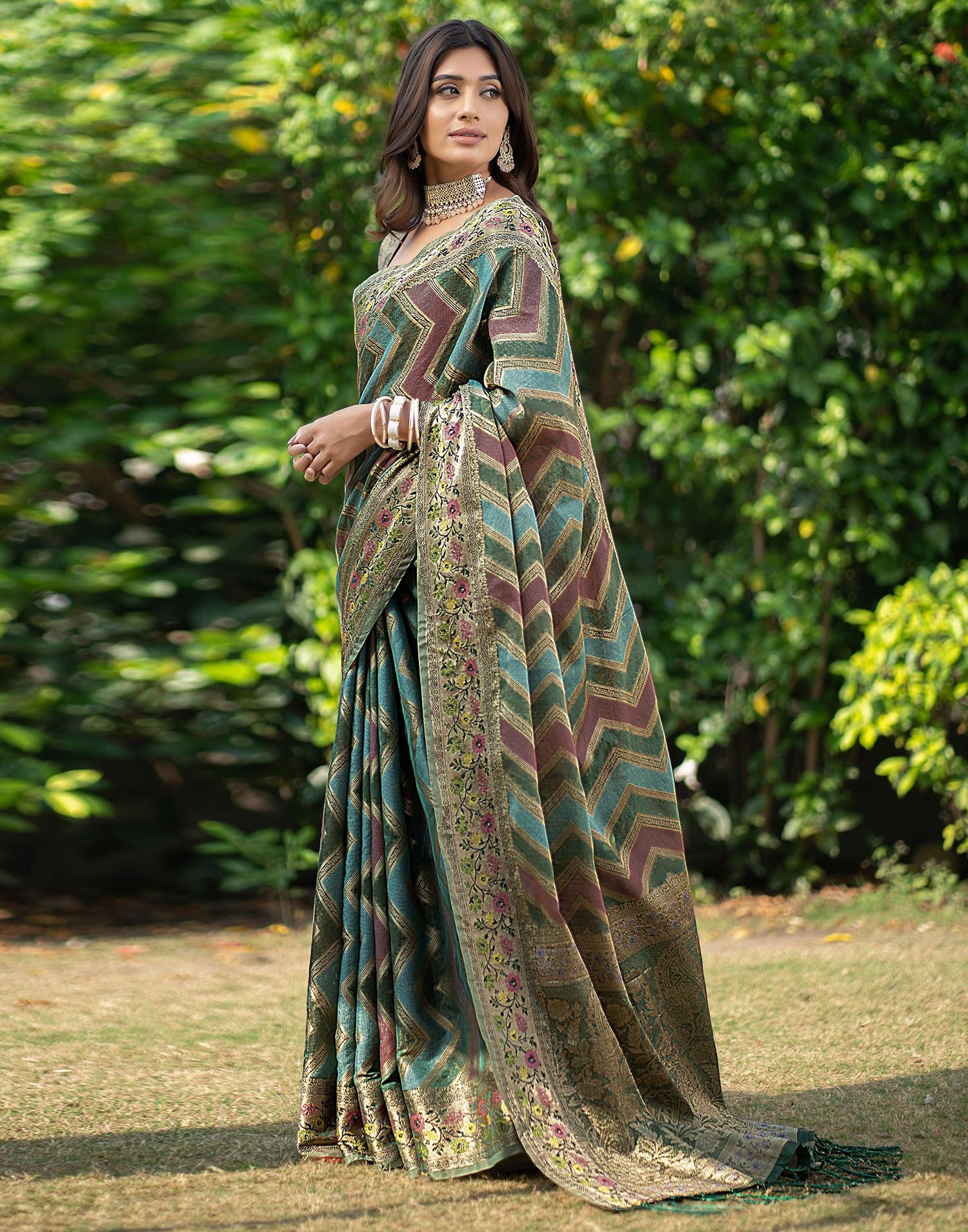 Green Jacquard Organza Saree