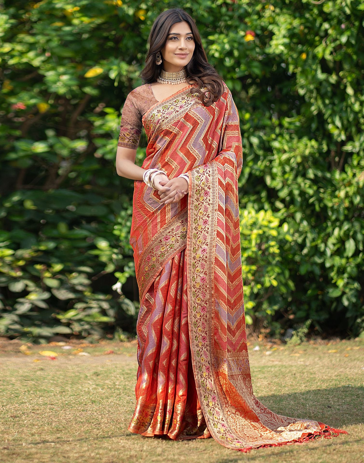 Orange Jacquard Organza Saree