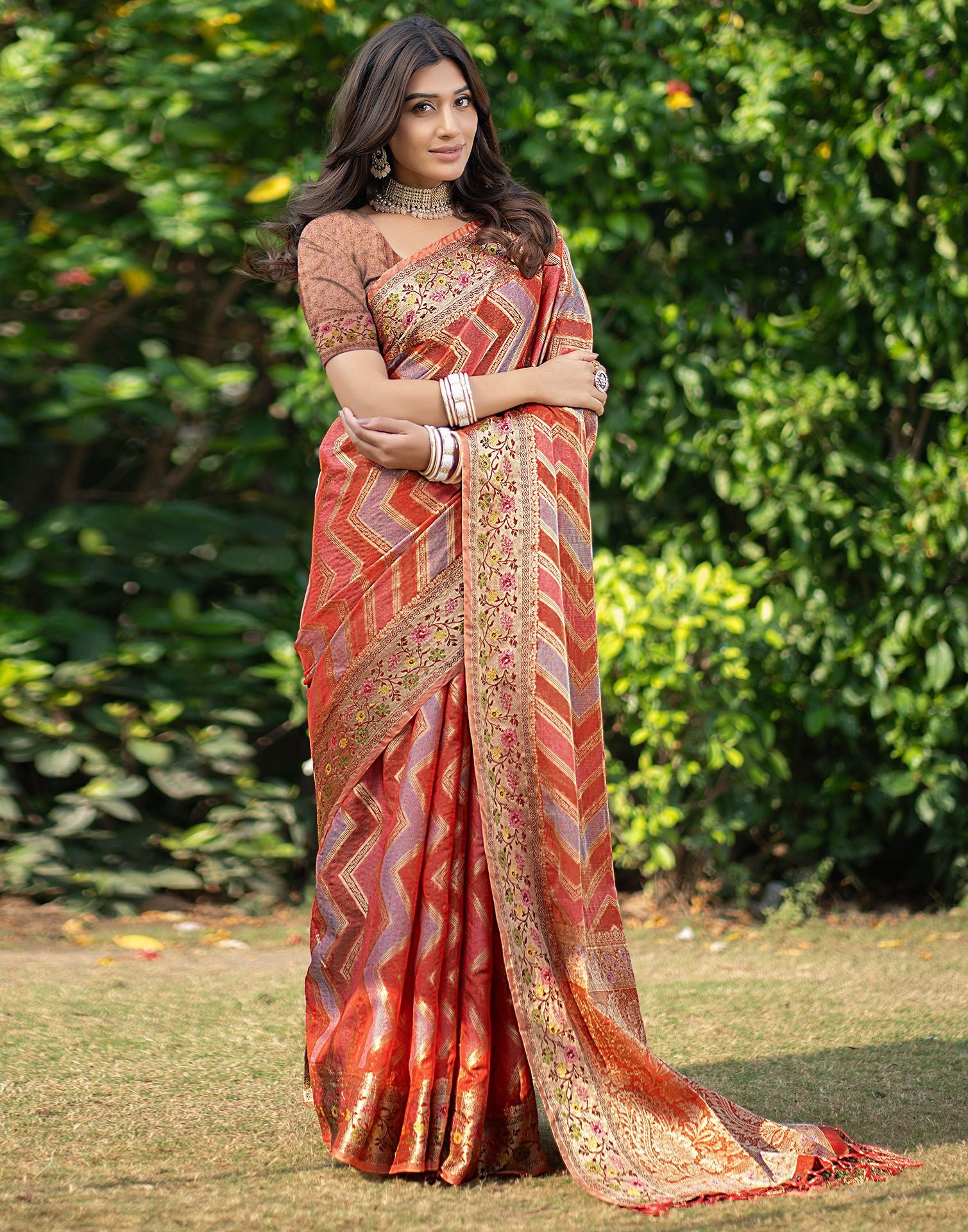 Orange Jacquard Organza Saree