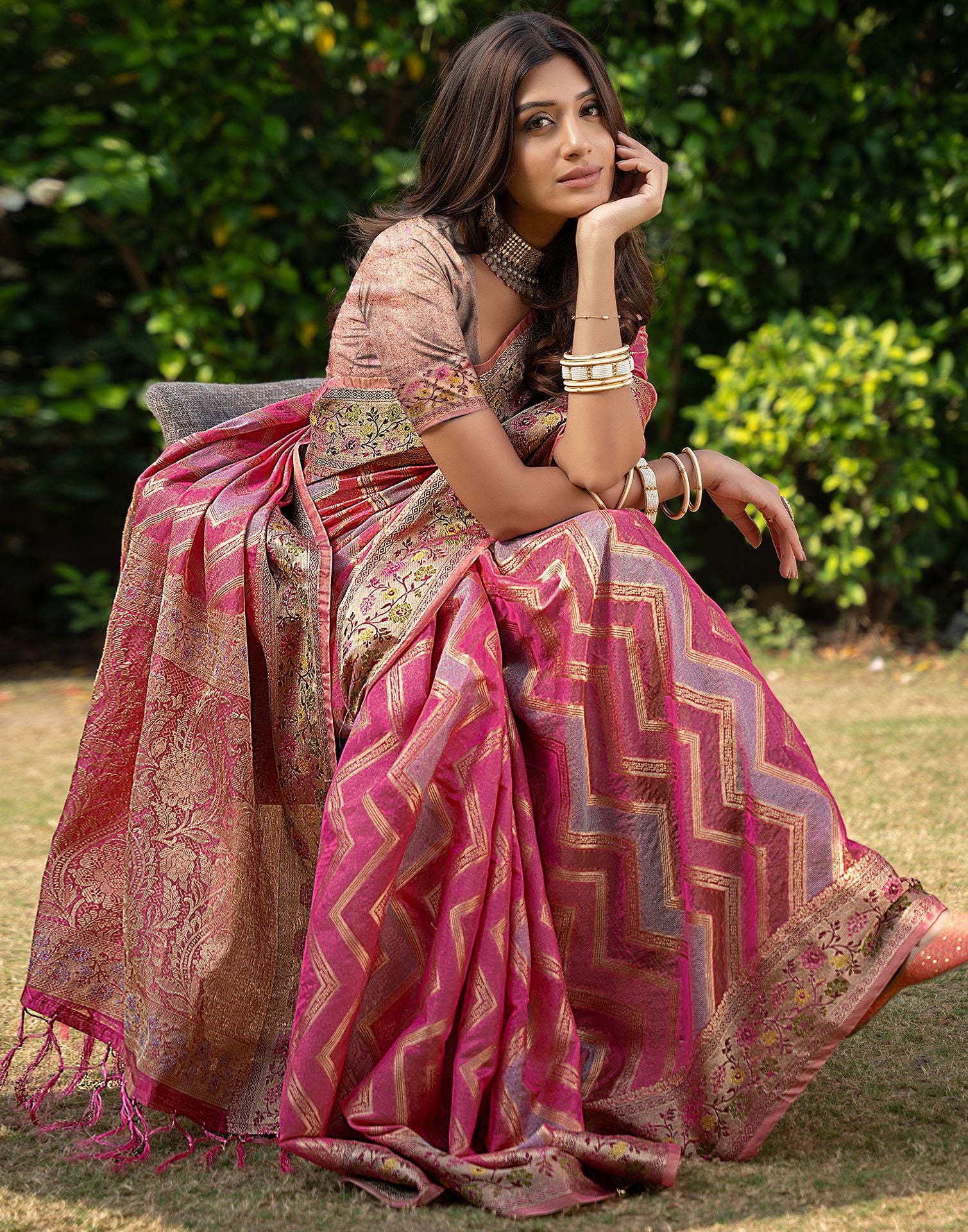 Pink Jacquard Organza Saree