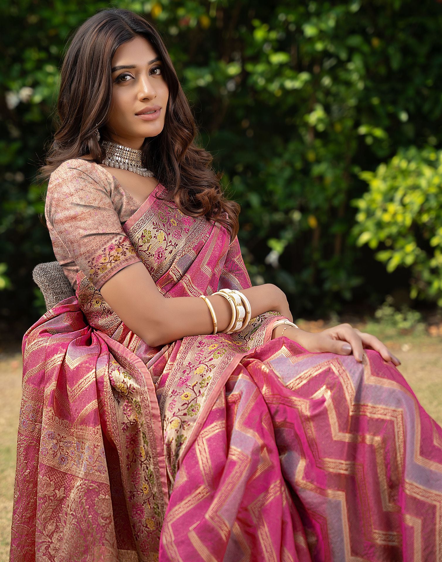 Pink Jacquard Organza Saree