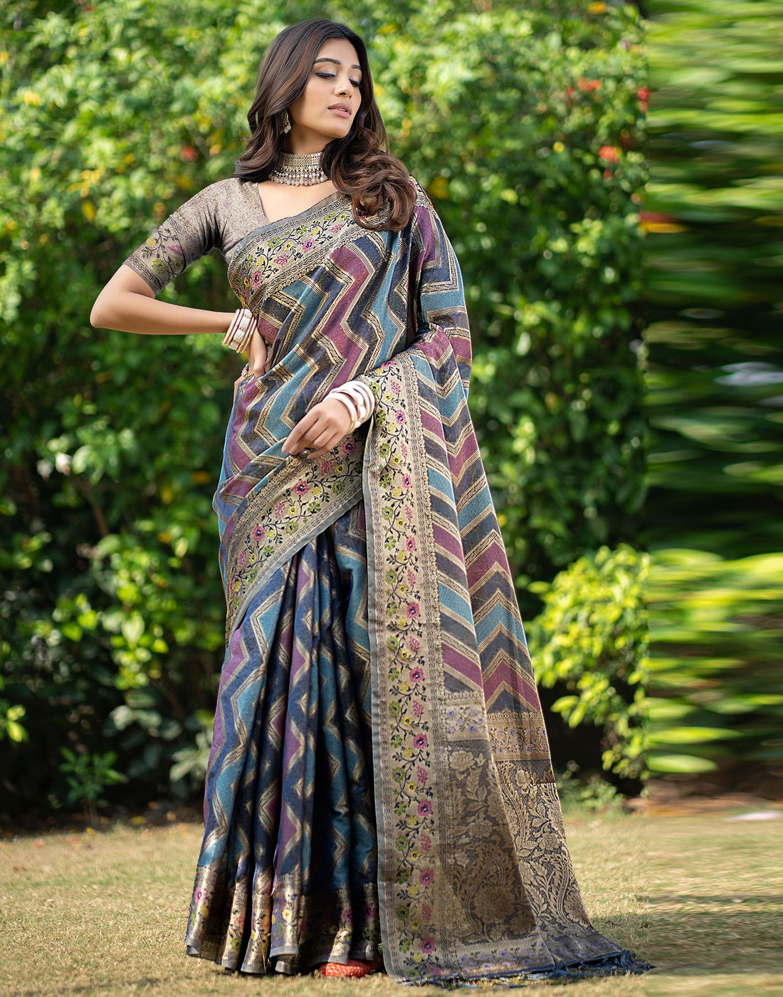 Steel Blue Jacquard Organza Saree