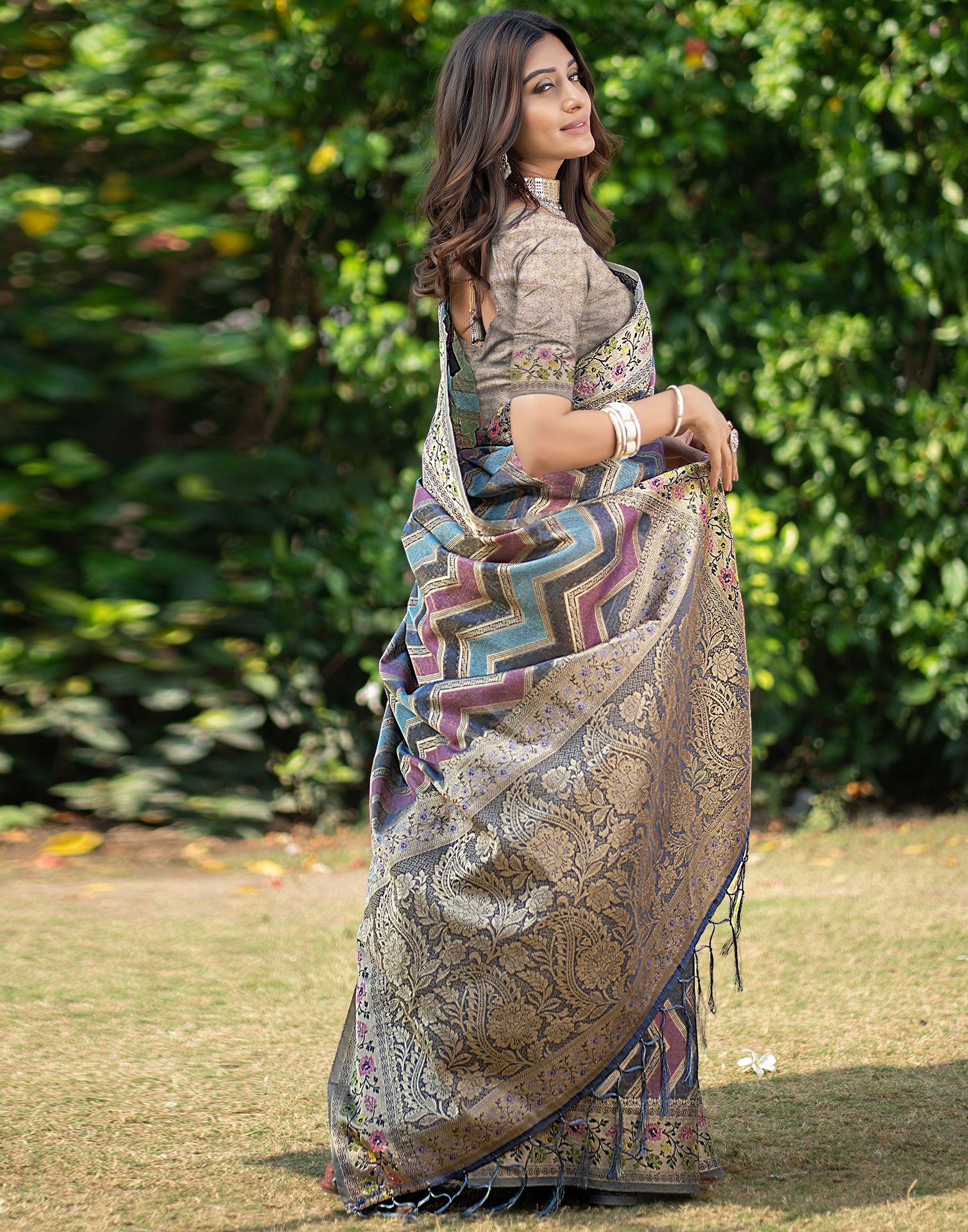 Steel Blue Jacquard Organza Saree