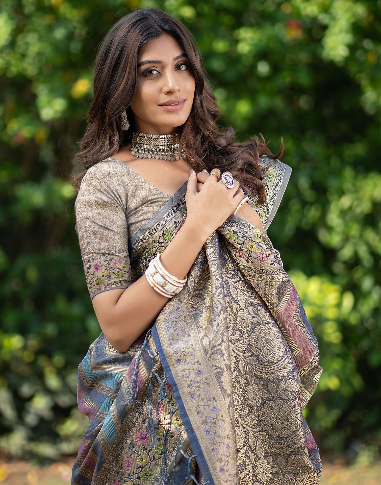 Steel Blue Jacquard Organza Saree