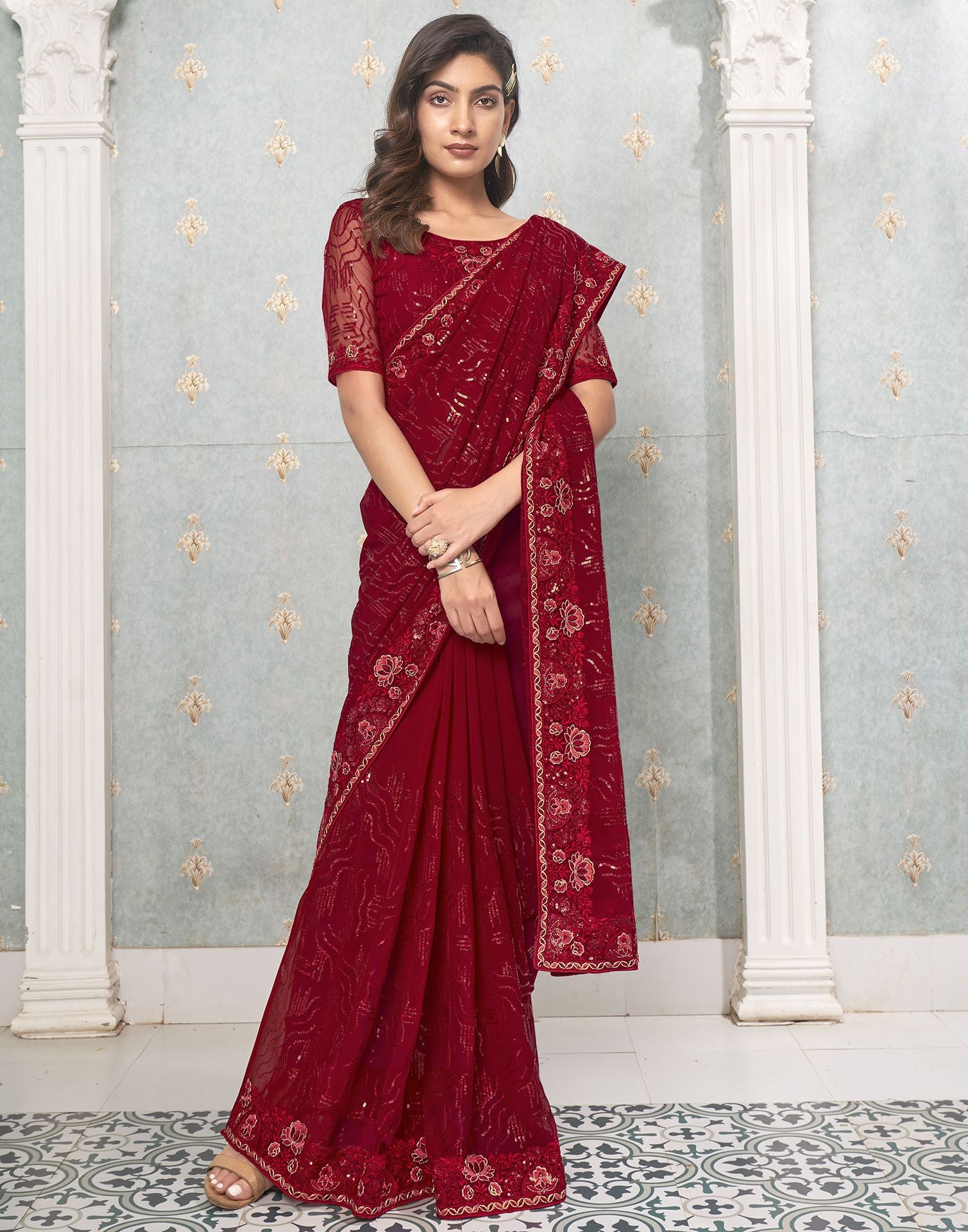 Red Plain Georgette Saree