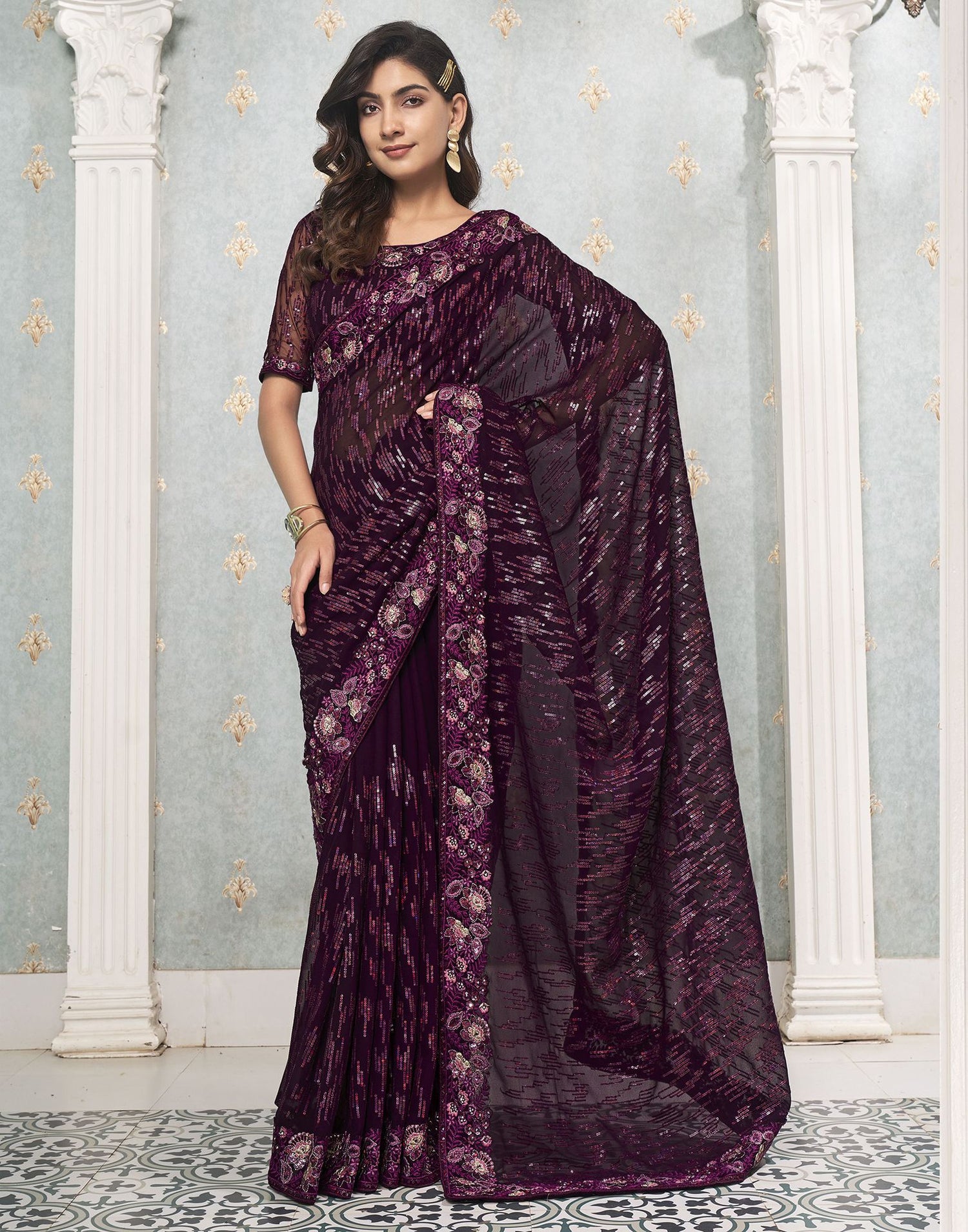 Wine Plain Georgette Saree