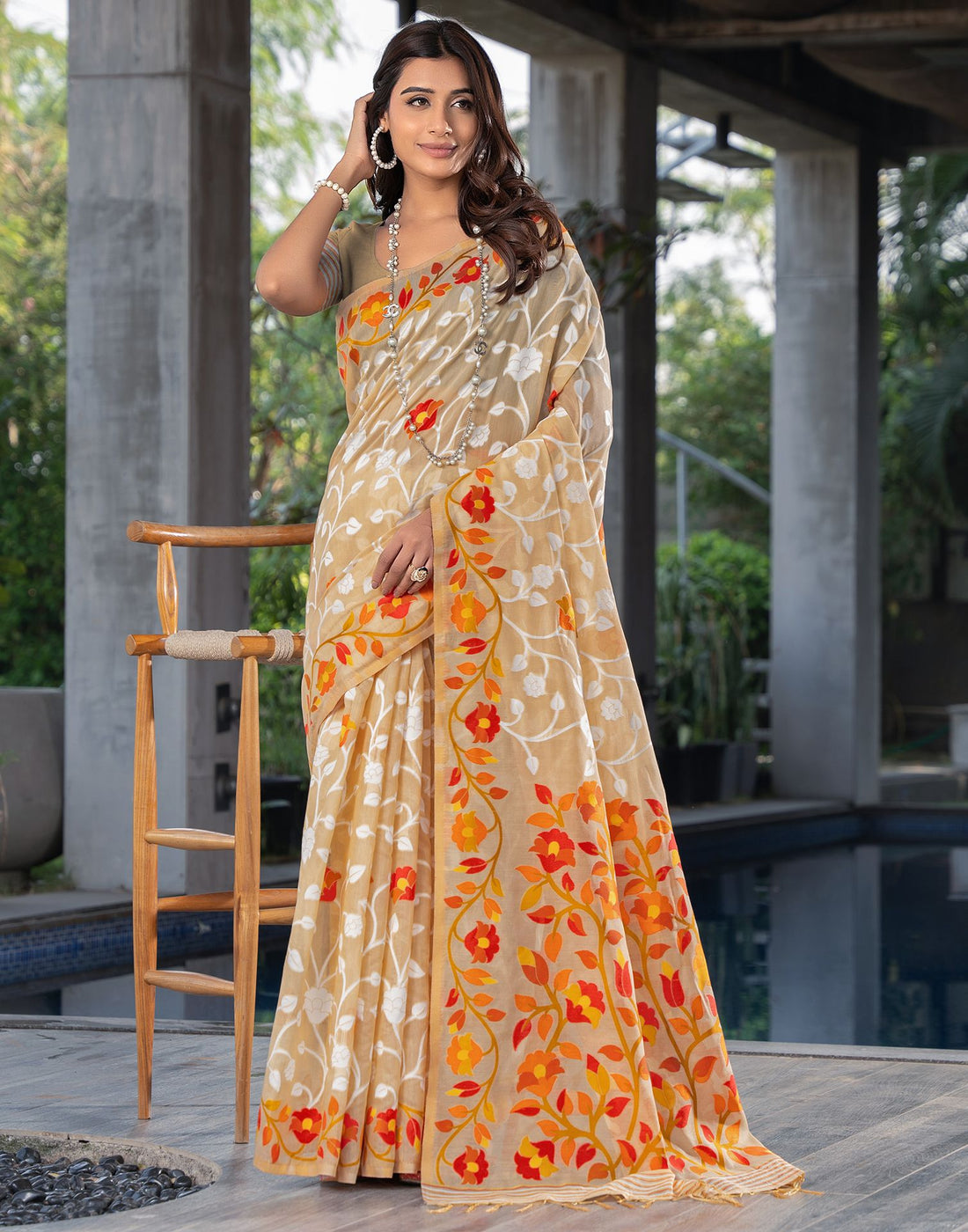 Beige Jacquard Cotton Saree