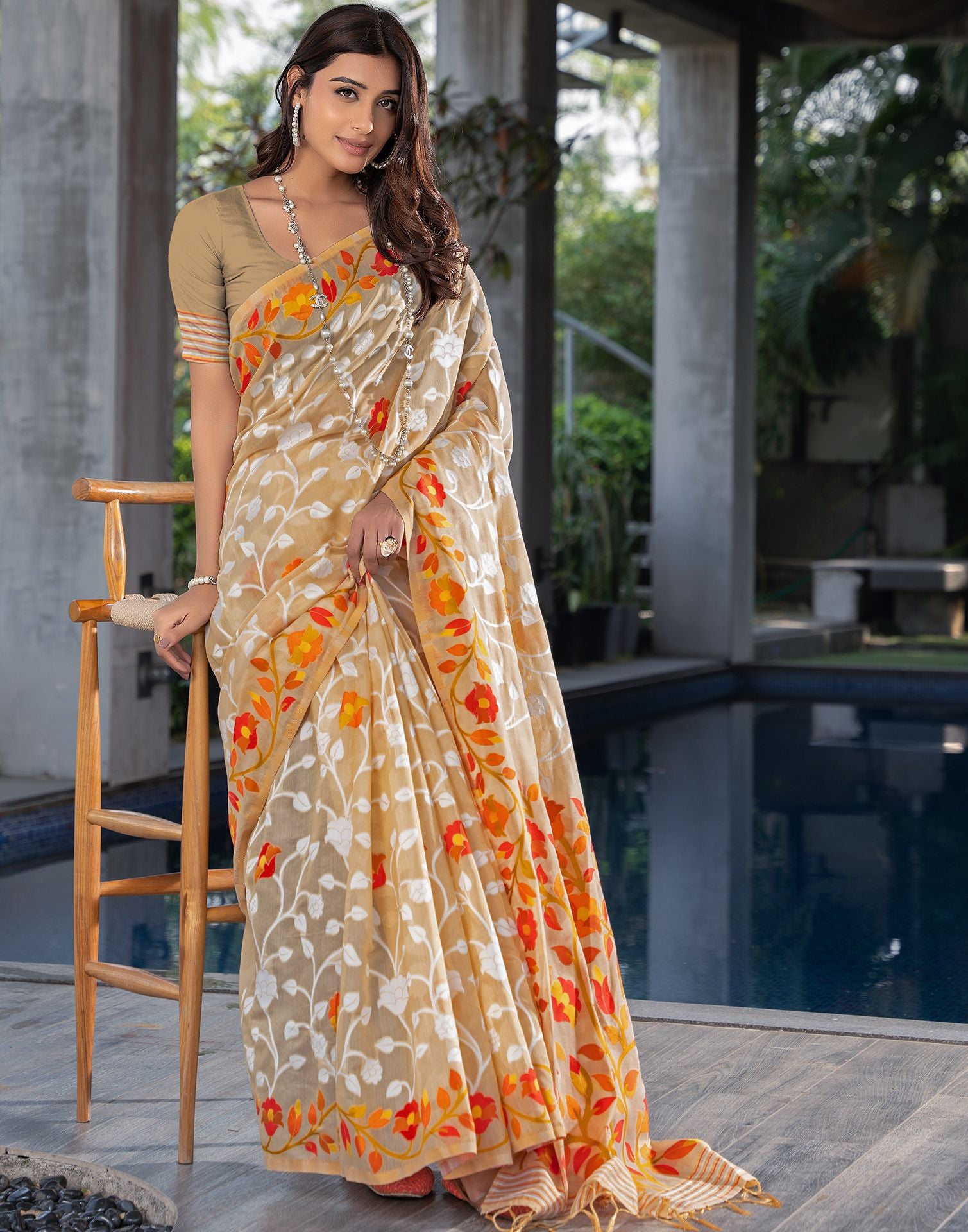 Beige Jacquard Cotton Saree