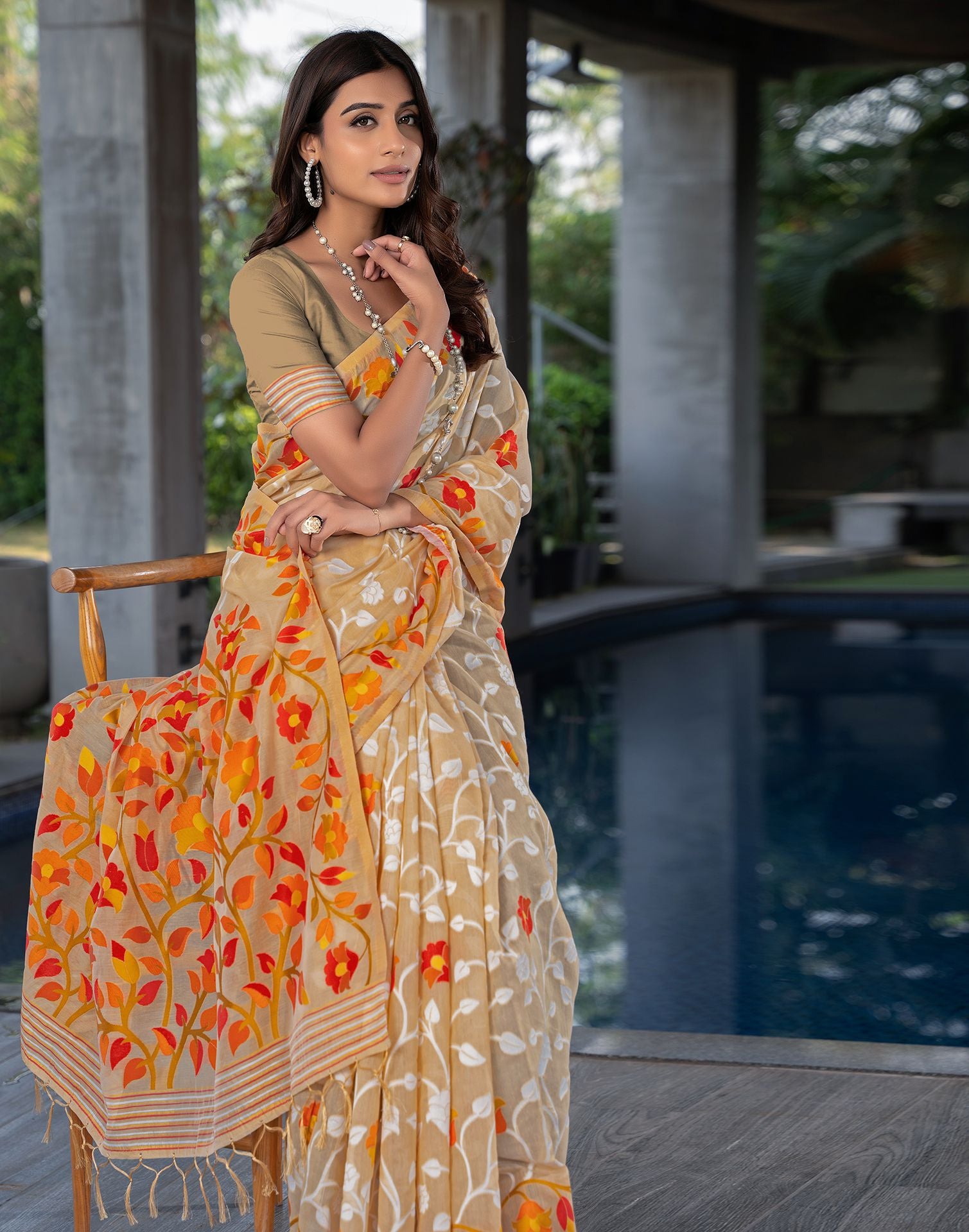 Beige Jacquard Cotton Saree