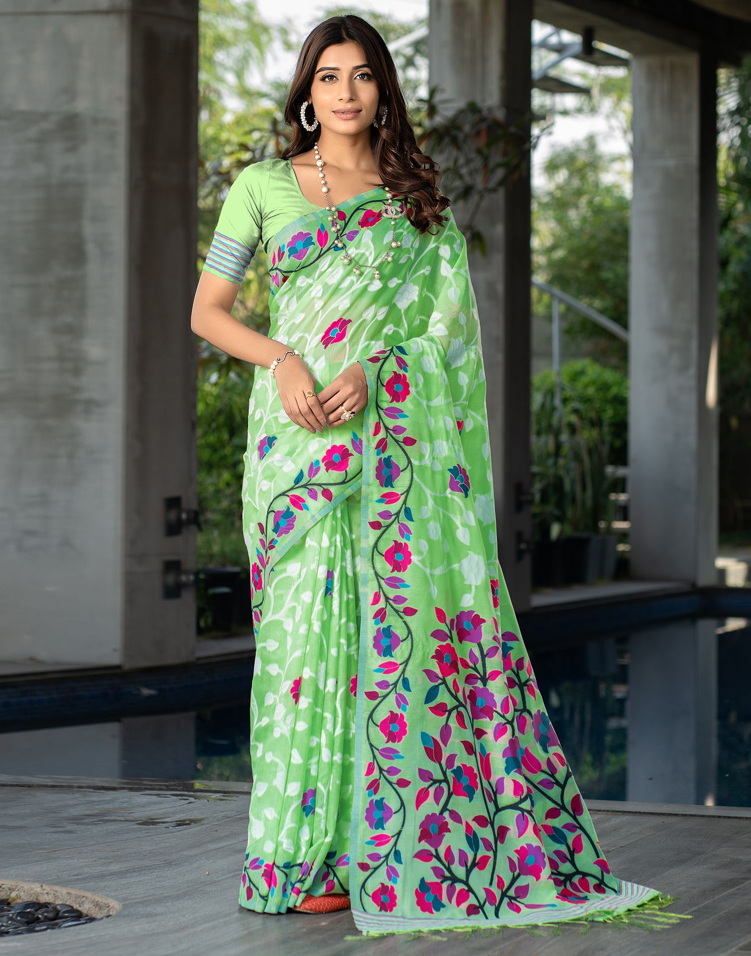 Parrot Green Jacquard Cotton Saree