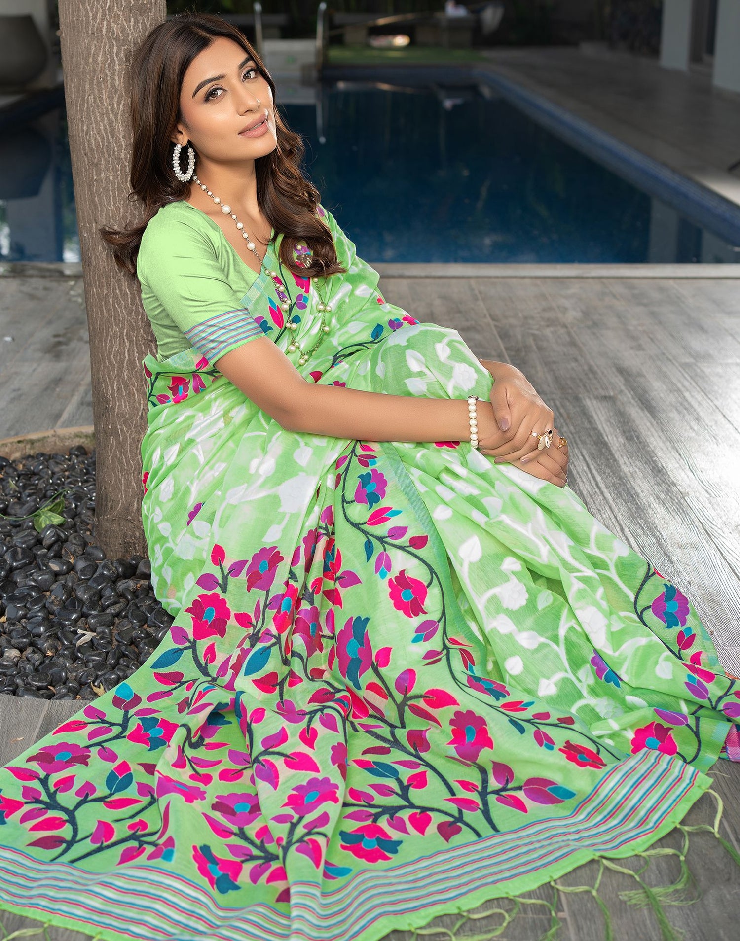 Parrot Green Jacquard Cotton Saree