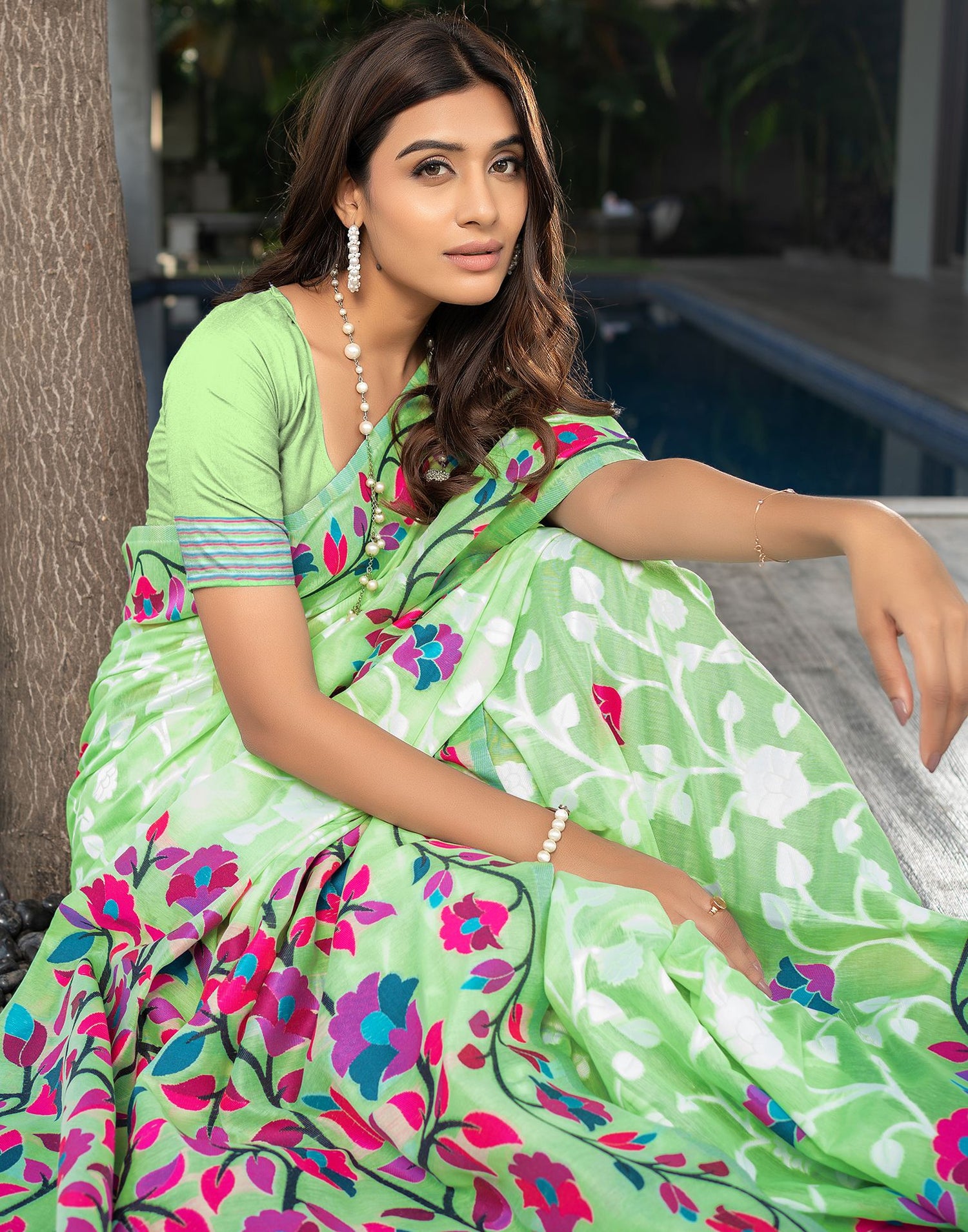 Parrot Green Jacquard Cotton Saree