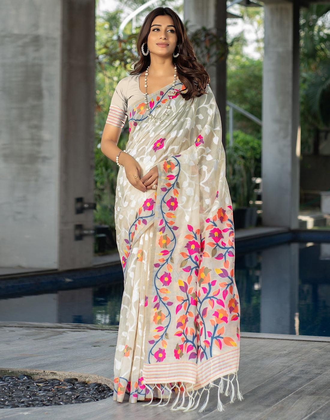 Cream Jacquard Cotton Saree