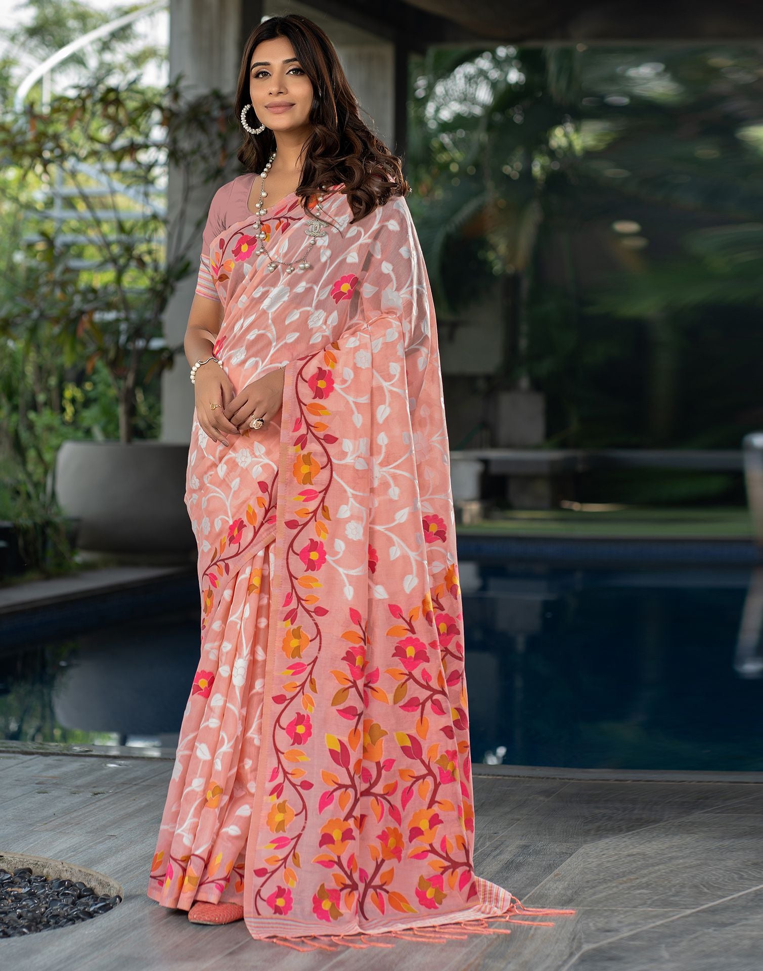 Peach Jacquard Cotton Saree