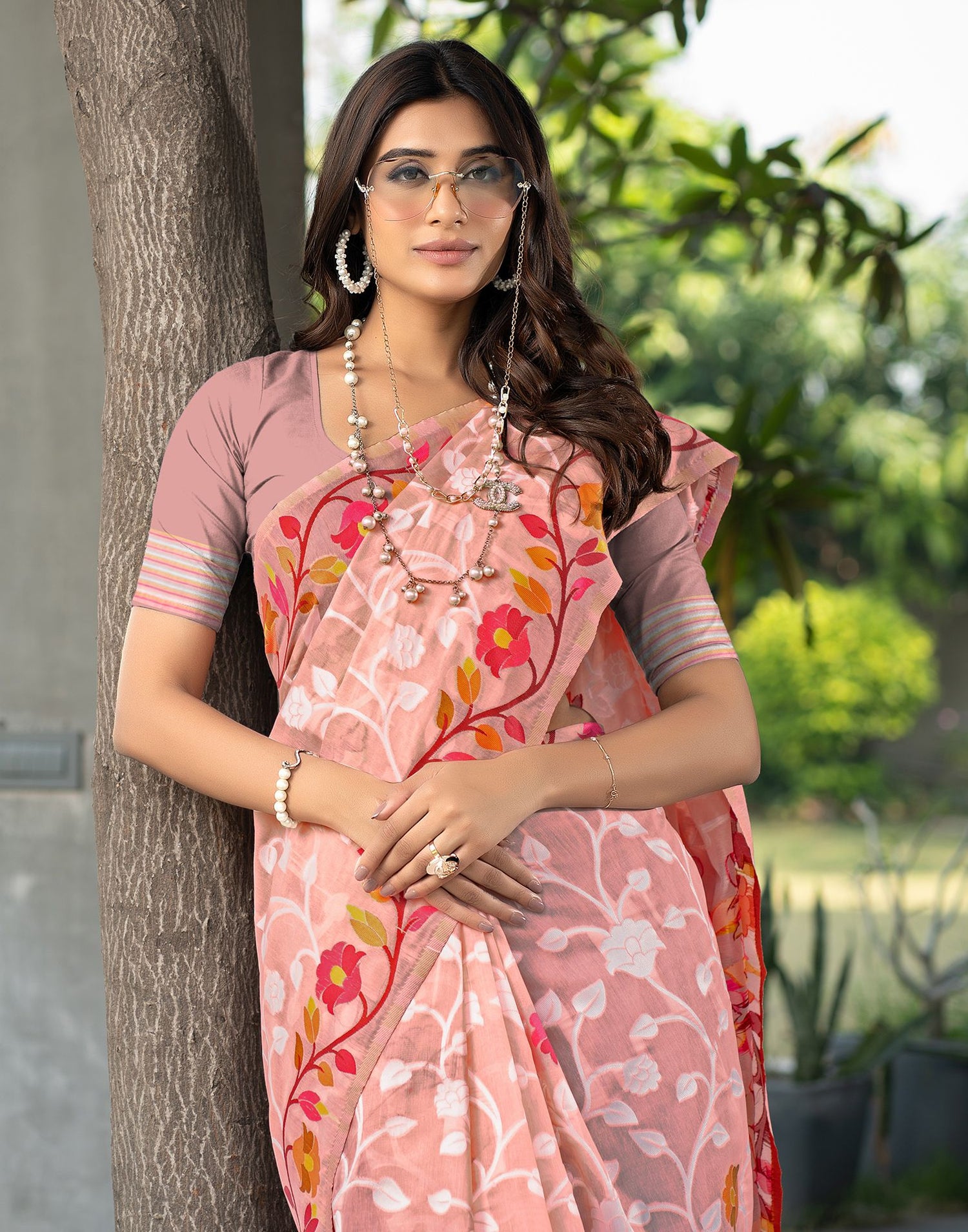 Peach Jacquard Cotton Saree