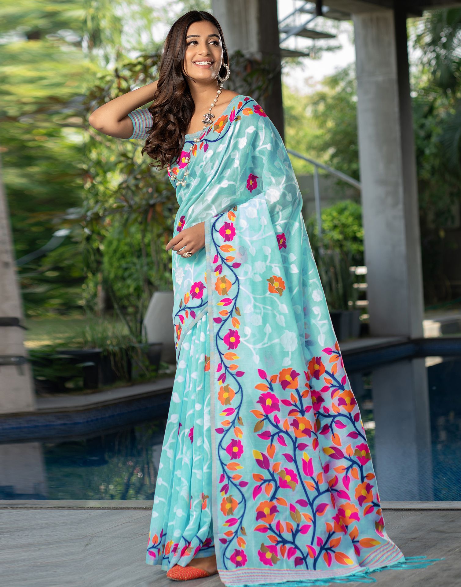 Sky Blue Jacquard Cotton Saree